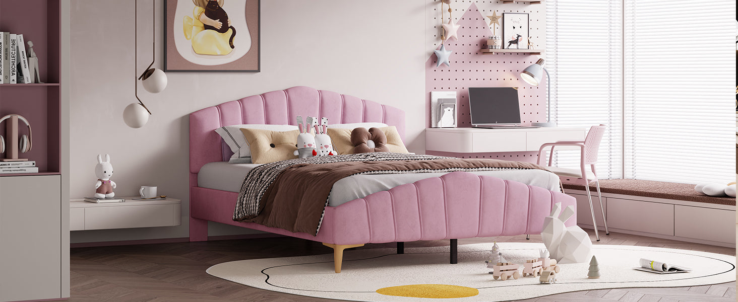 Queen Size Velvet Platform Bed With Thick Fabric, Stylish Stripe Decorated Bedboard And Elegant Metal Bed Leg, Pink Pink Velvet