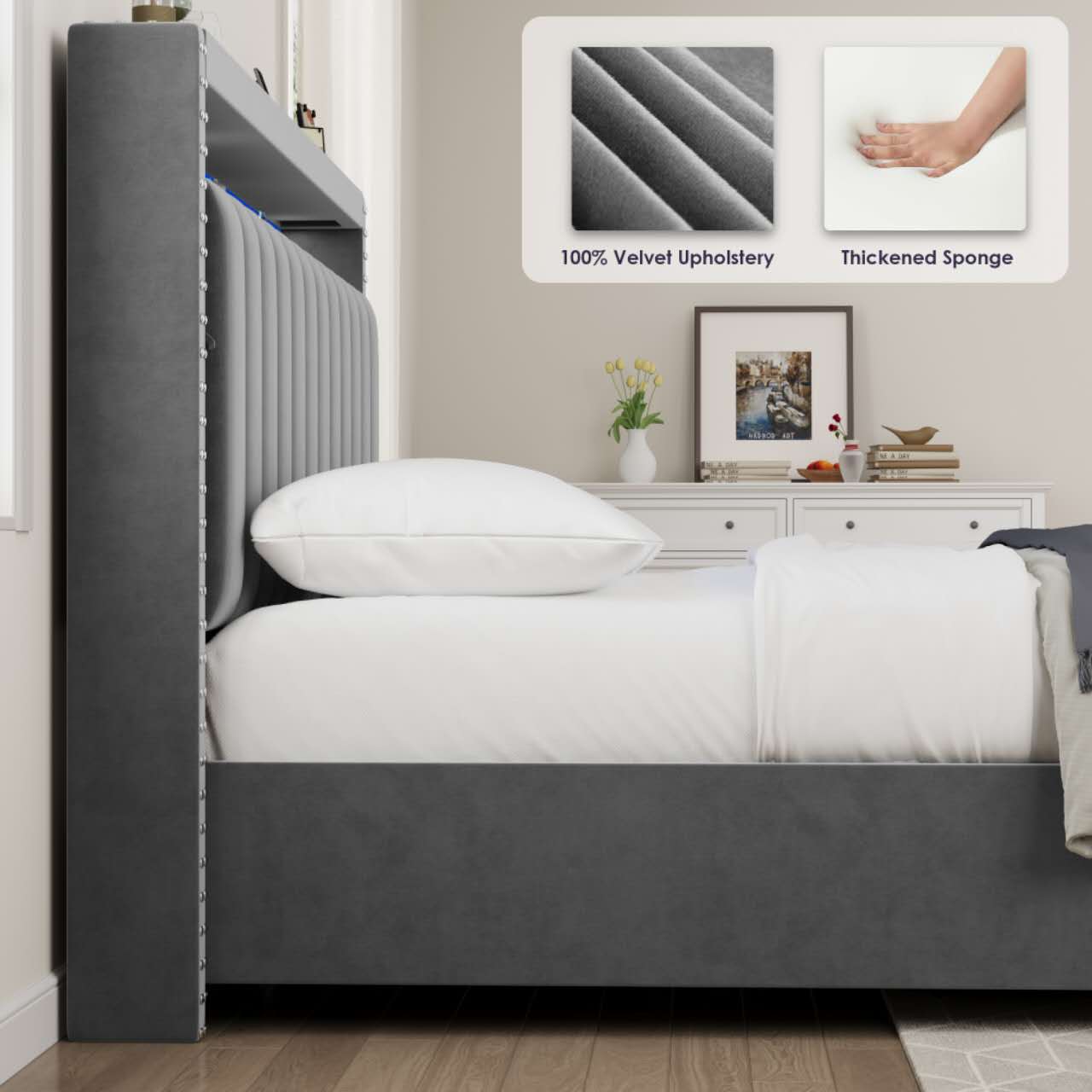 Luxury Gas Lift Storage Bed With Rf Led Lights, Storage Headboard ,Queen Size ,Velvet Grey Box Spring Not Required Queen Dark Grey Wood Brown Bedroom American Design Poplar Slat Beds Polyester Velvet Metal & Wood