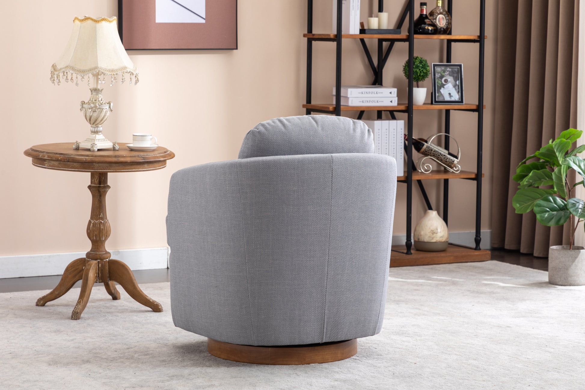 035 Linen Fabric Swivel Accent Chair With Soild Wood Round Brown Base Leg,Light Blue Light Blue Brown Primary Living Space Modern Eucalyptus Foam Linen