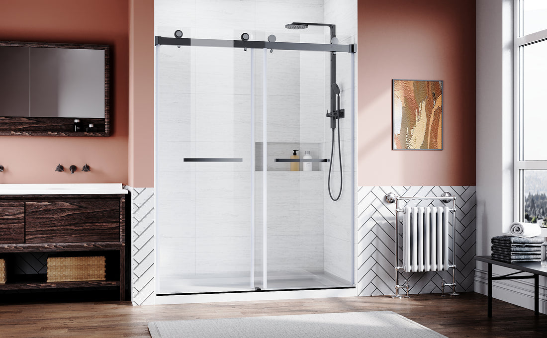 Frameless Sliding Shower Glass Door 56 60 In.W X 76 In. H,3 8" 10Mm Thick Clear Tempered Glass,Heavy Duty Stainless Steel Hardwares,Matte Black,Bypass Shower Enclosure Matt Black Stainless Steel