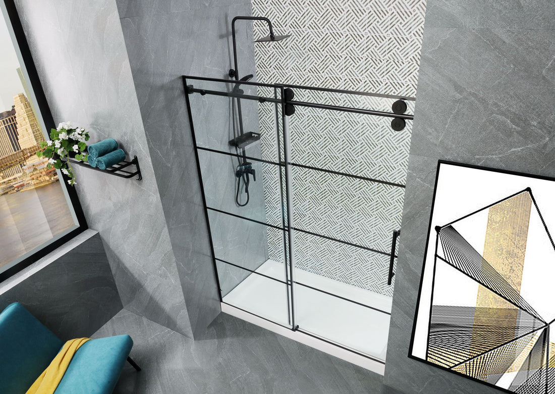 Frameless Glass Shower Door Adjustable 56 60 In.W Black Sliding Shower Door,Certified Thick Clear Clear Tempered Glass,304 Stainless Steel Hardware Matt Black Stainless Steel