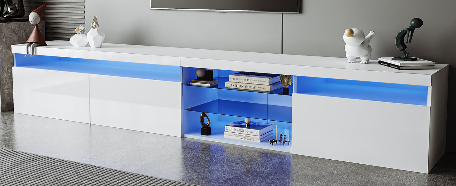 Unique Design Tv Stand With 2 Glass Shelves, Large Storage Space Media Console For Tvs Up To 105", Versatile Tv Cabinet With Led Color Changing Lights For Living Room, White White Primary Living Space 90 Inches Or Larger Particle Board