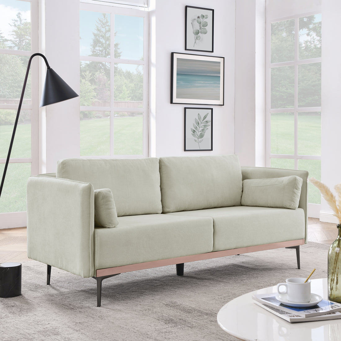 Modern Sofa 3 Seat Couch With Stainless Steel Trim And Metal Legs For Living Room, Linen Beige Beige Foam