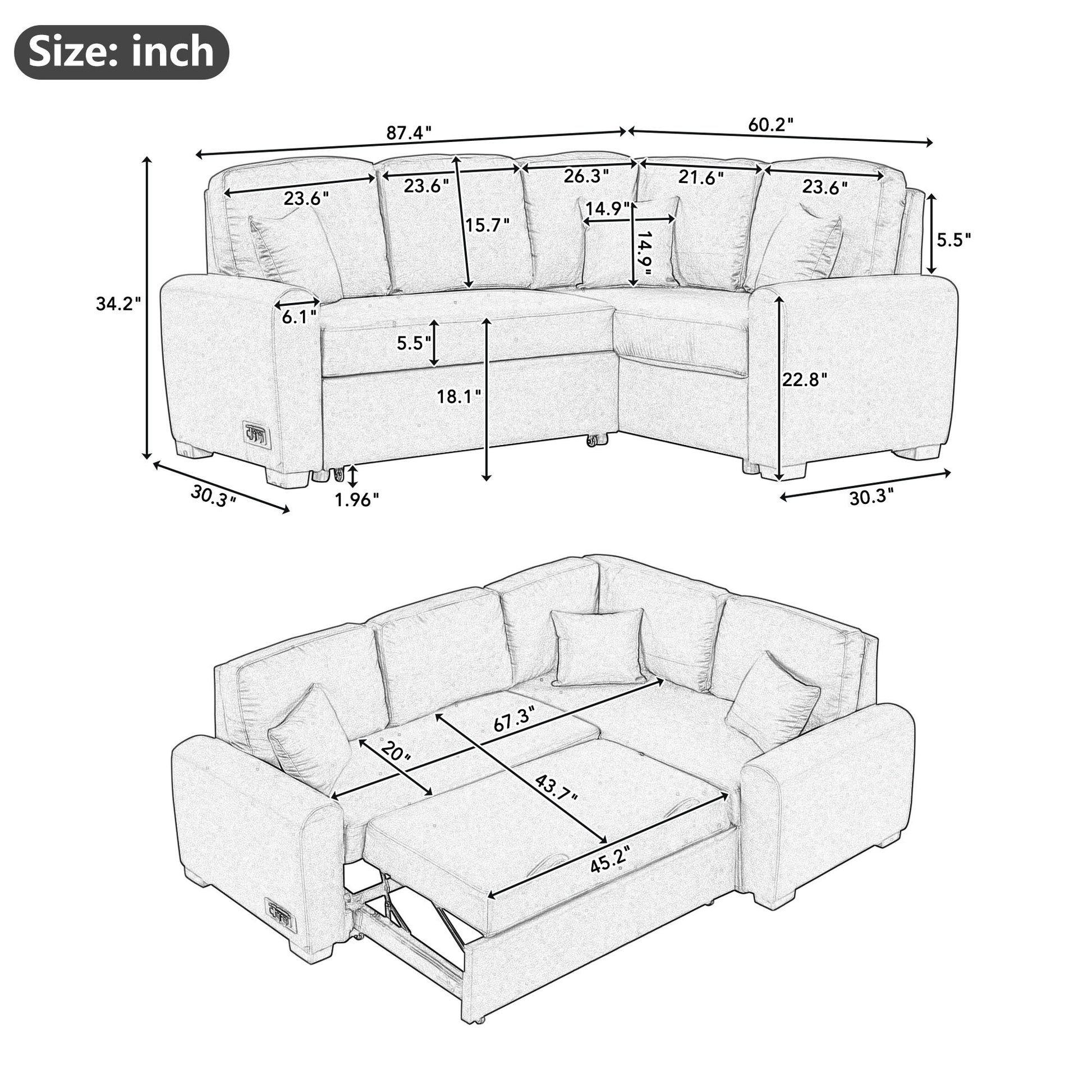 87.4"Sectional Sleeper Sofa With Usb Charging Port And Plug Outlet,Pull Out Sofa Bed With 3 Pillows, L Shape Chaise For Living Room Small Apartment,Grey Old Sku Sg000720Aae Grey Foam Chenille