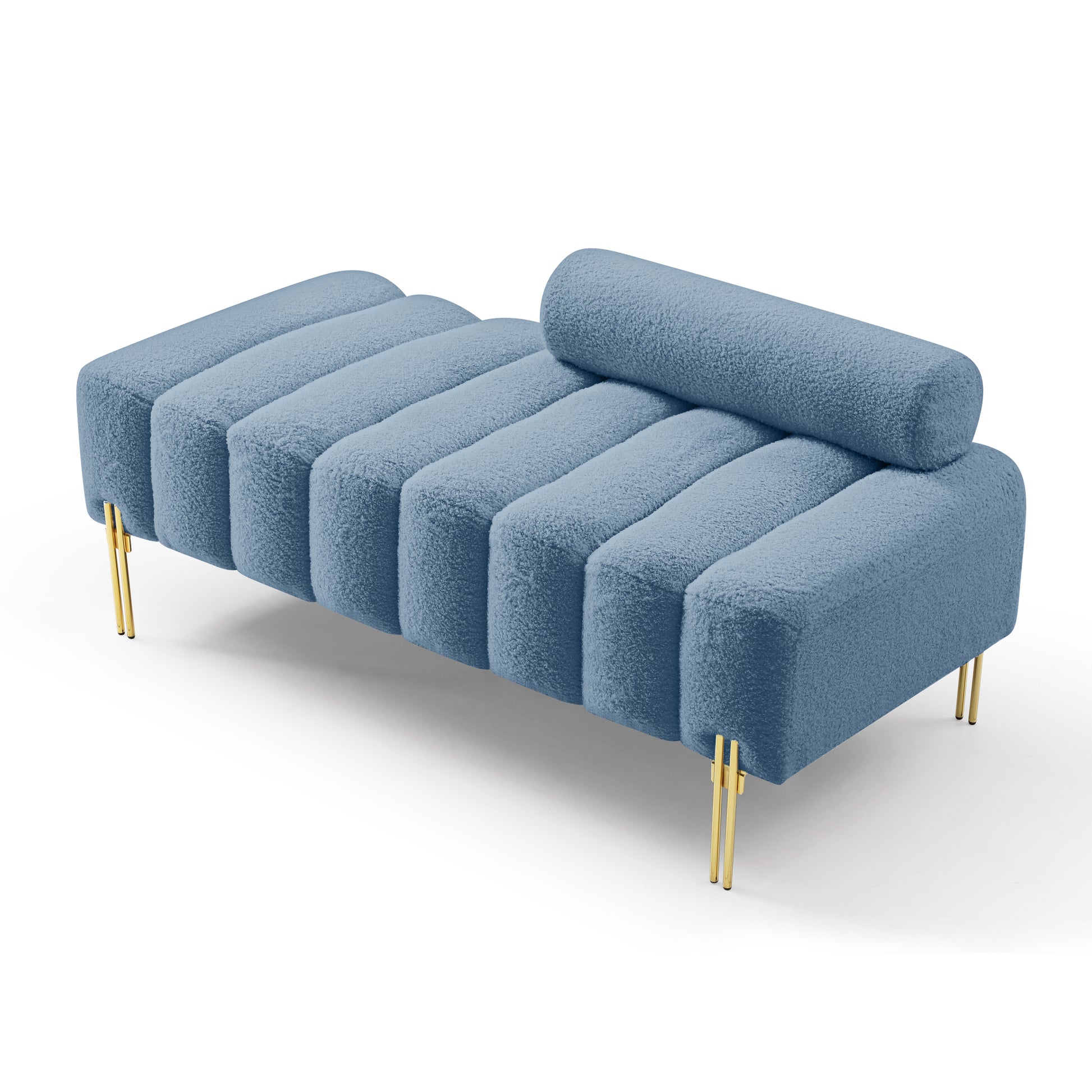 53.2" Width Modern End Of Bed Bench Sherpa Fabric Upholstered 2 Seater Sofa Couch Entryway Ottoman Bench Fuzzy Sofa Stool Footrest Window Bench With Gold Metal Legs For Bedroom Living Room,Light Blue Light Blue Foam Upholstered