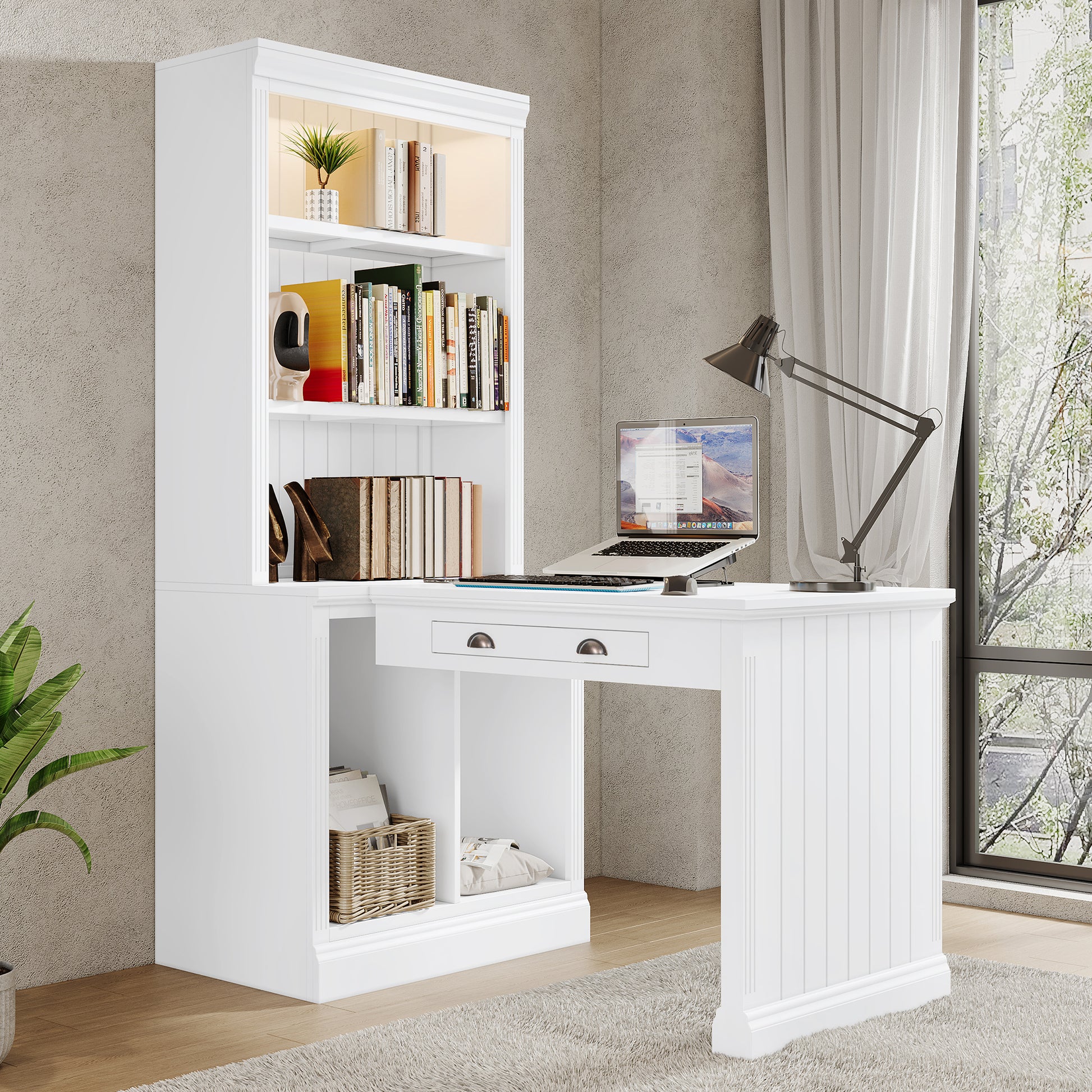 83.4"Tall 2 Bookshelf & 1 Writting Desk Suite,Modern Bookcase Suite With Led Lighting, Drawers,Doors,Study Desk And Open Shelves,3 Piece Set Storage Bookshelf For Living Room,Home Office,White White Solid Wood Mdf