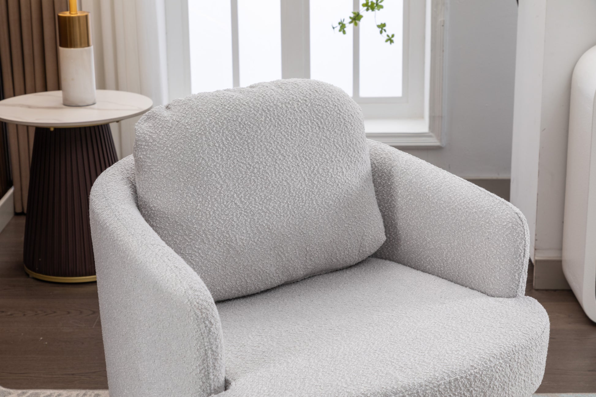 035 Boucle Fabric Swivel Accent Chair With Soild Wood Round Brown Base Leg,Light Gray Light Gray Brown Primary Living Space Modern Eucalyptus Foam Boucle