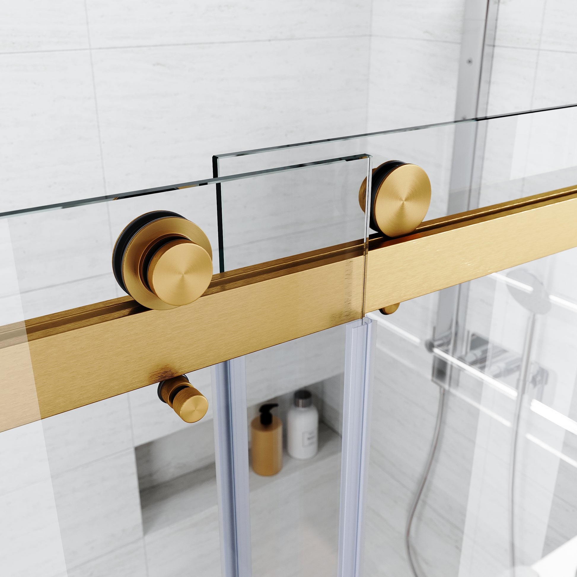 Frameless Sliding Shower Glass Door 56 60 In.W X 76 In. H,3 8" 10Mm Thick Clear Tempered Glass,Heavy Duty Stainless Steel Hardwares,Brushed Gold Brushed Gold Stainless Steel