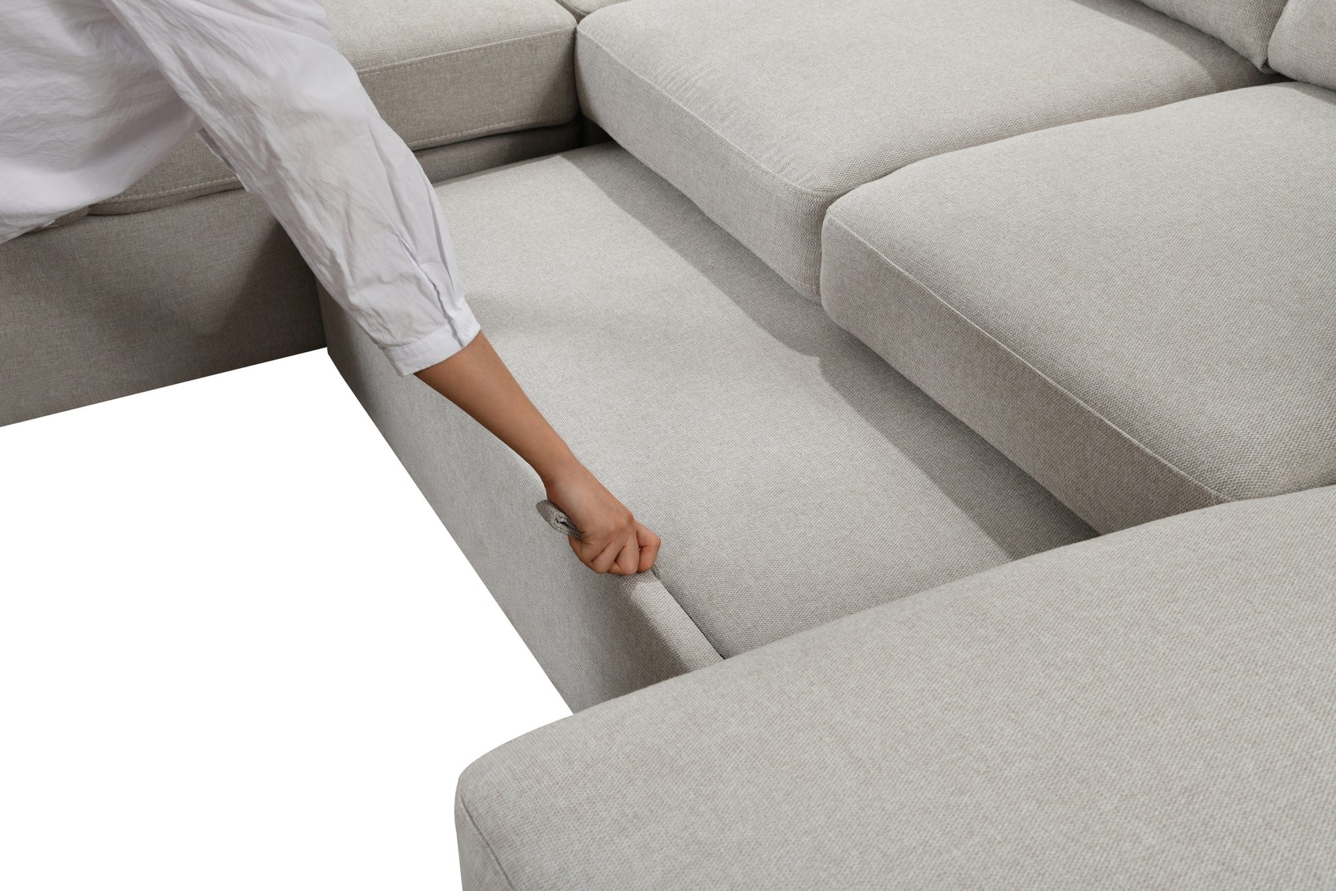 125'' Modern U Shaped 7 Seat Sectional Sofa Couch With Cabinet,Sofa Bed With Storage Chaise Pull Out Couch Bed For Living Room,Beige Light Brown Wood Primary Living Space Heavy Duty Eucalyptus 7 Seat Beige Polyester Soft Pillow Back Modern Square Arms