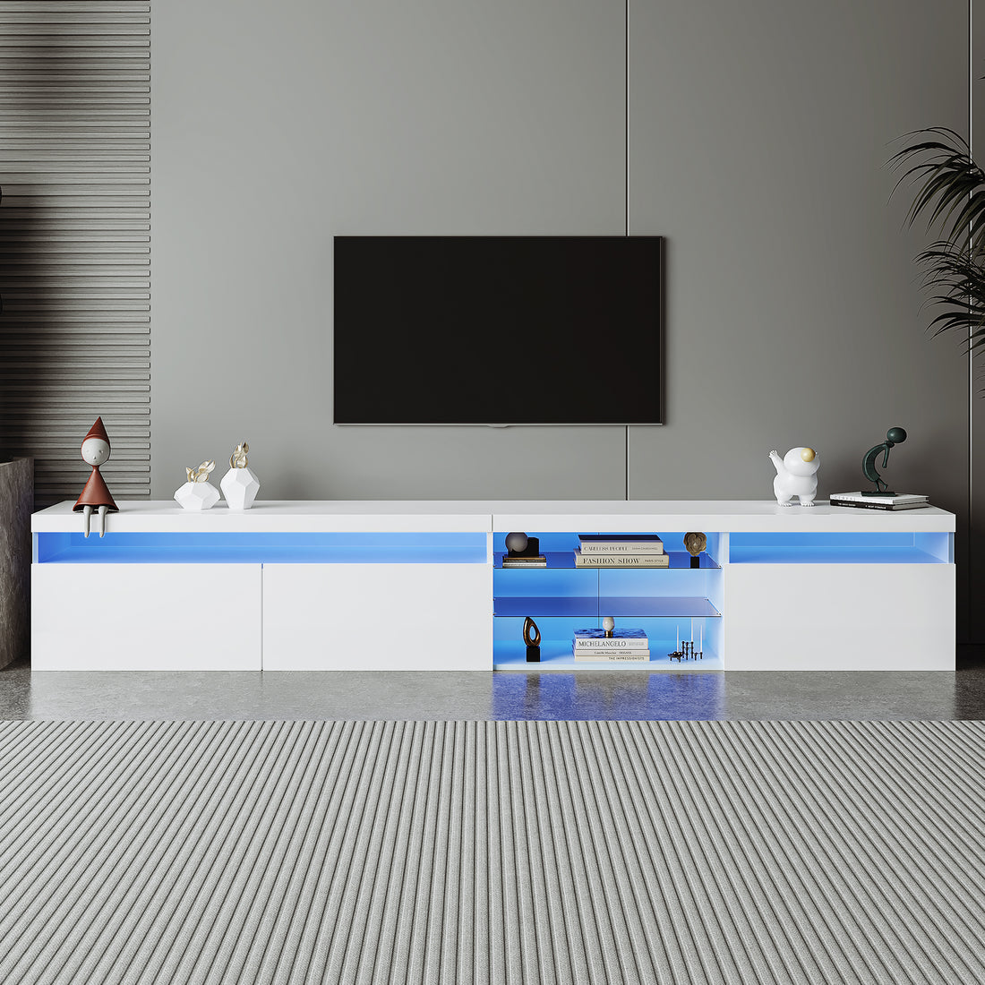 Unique Design Tv Stand With 2 Glass Shelves, Large Storage Space Media Console For Tvs Up To 105", Versatile Tv Cabinet With Led Color Changing Lights For Living Room, White White Primary Living Space 90 Inches Or Larger Particle Board