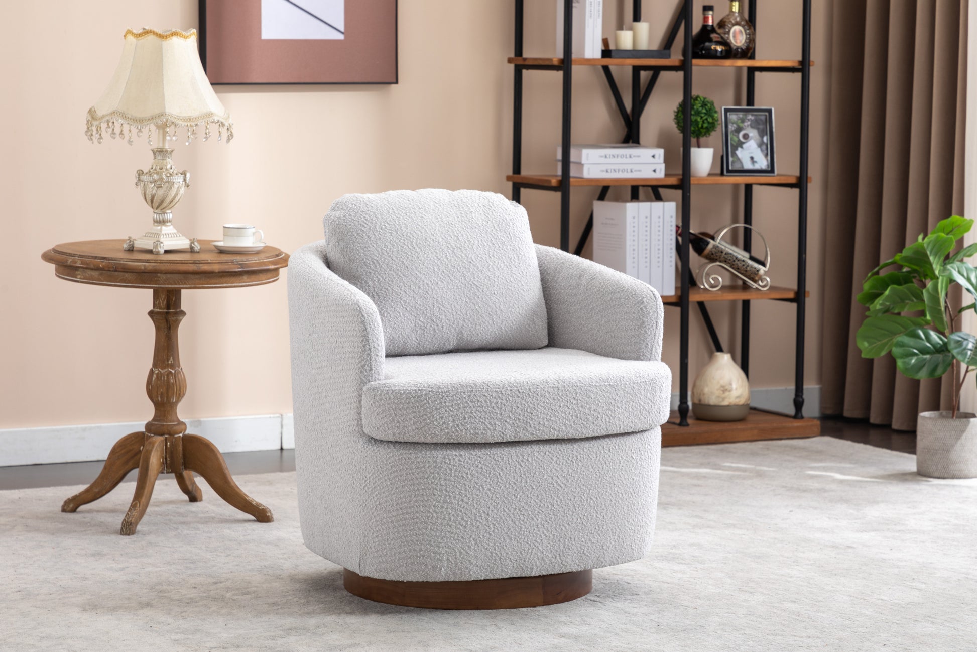 035 Boucle Fabric Swivel Accent Chair With Soild Wood Round Brown Base Leg,Light Gray Light Gray Brown Primary Living Space Modern Eucalyptus Foam Boucle