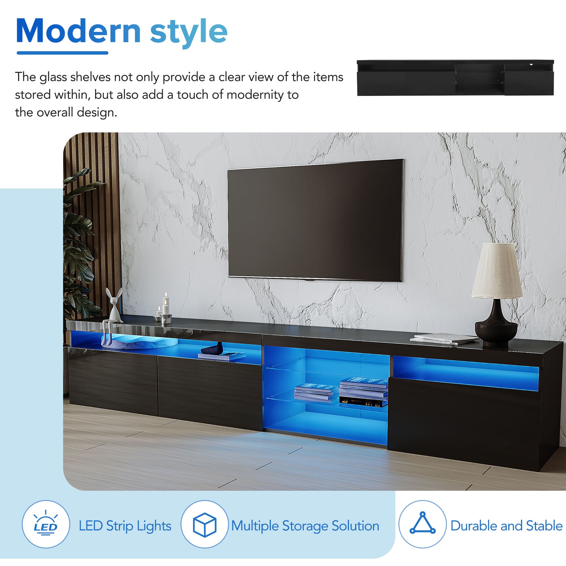 Unique Design Tv Stand With 2 Glass Shelves, Large Storage Space Media Console For Tvs Up To 105", Versatile Tv Cabinet With Led Color Changing Lights For Living Room, Black Black Primary Living