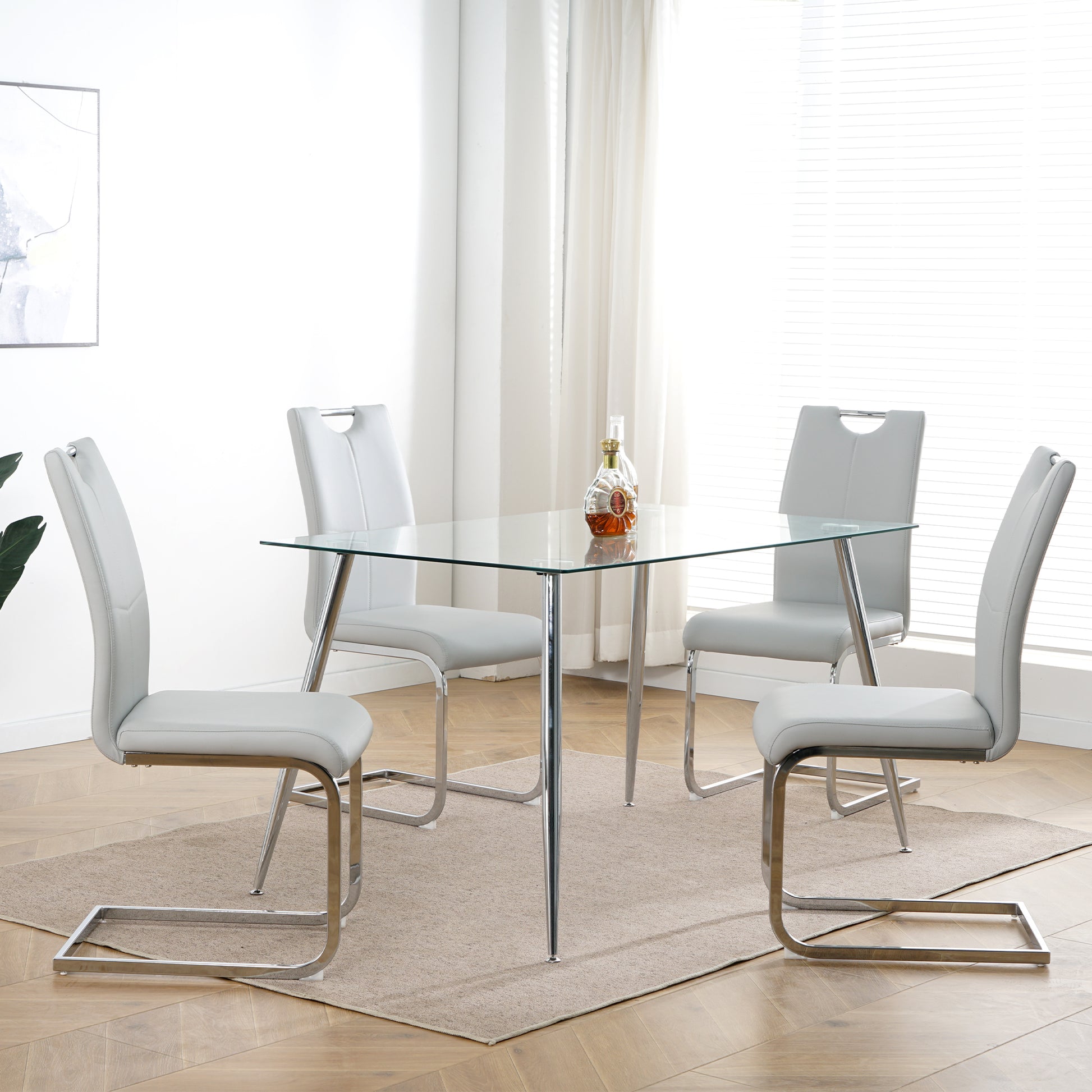 Modern Dining Chairs With Faux Leather Padded Seat Dining Living Room Chairs Upholstered Chair With Chrome Metal Legs Design For Kitchen, Living, Bedroom, Dining Room Side Chairs Set Of 4 Grey Silver Metal