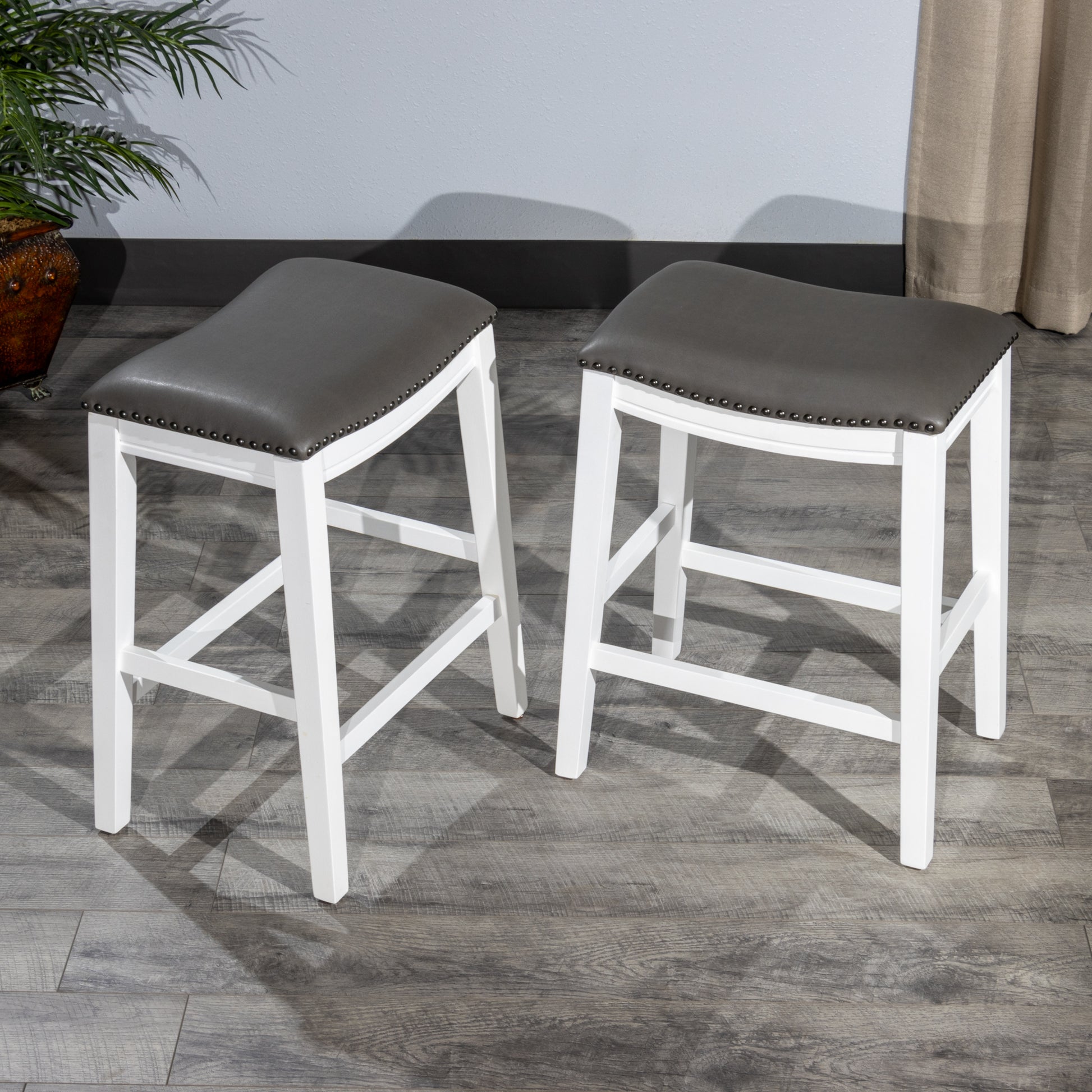 Saddle Stool 25" Counter Stool, White Dark Gray Pu, Set Of 2 White Wood
