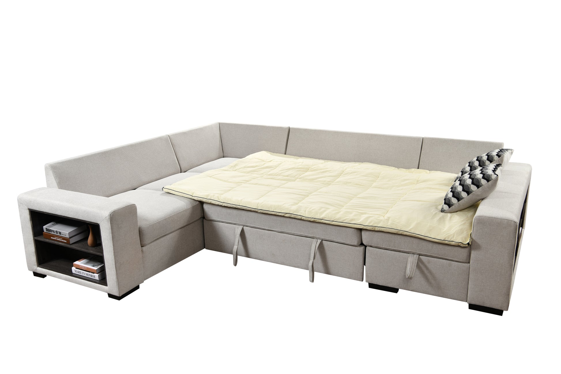 125'' Modern U Shaped 7 Seat Sectional Sofa Couch With Cabinet,Sofa Bed With Storage Chaise Pull Out Couch Bed For Living Room,Beige Light Brown Wood Primary Living Space Heavy Duty Eucalyptus 7 Seat Beige Polyester Soft Pillow Back Modern Square Arms