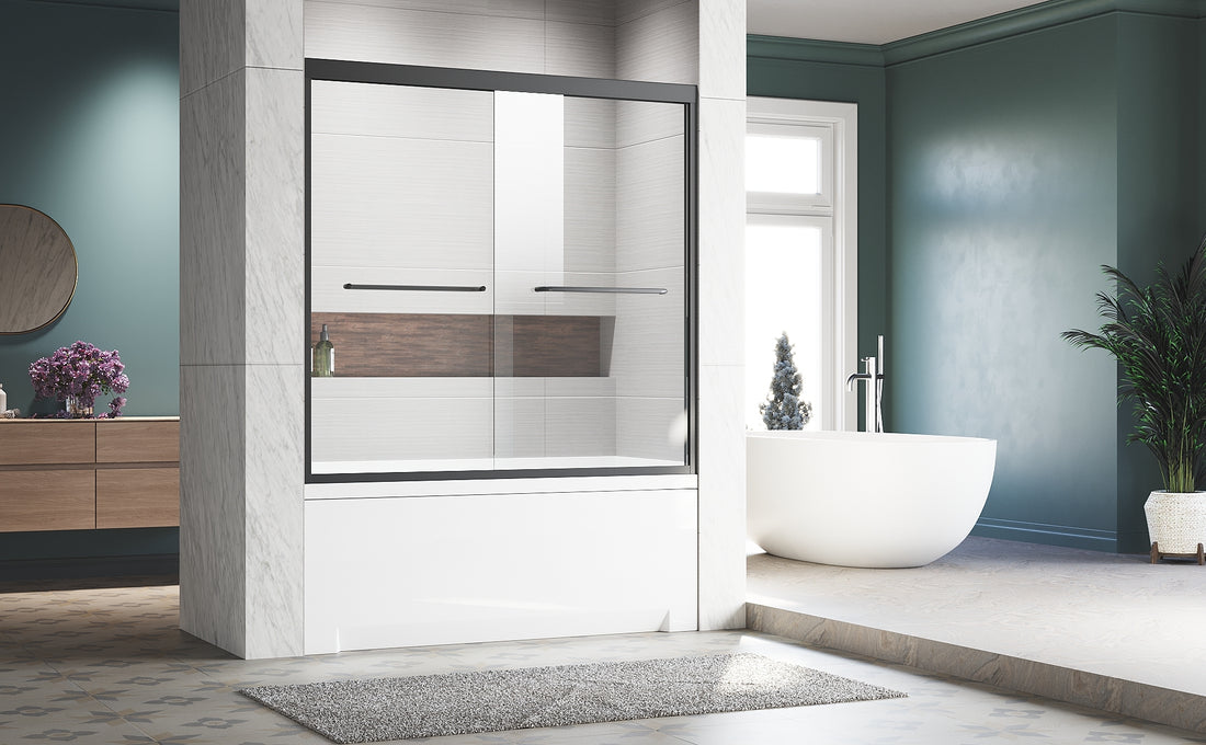 Sliding Glass Tub Door 56 60 In. W X 57 In. H, Matte Black Semi Frameless Double Bathtub Door, Certified Thick Clear Clear Tempered Glass, 304 Stainless Steel Handles. Matt Black Aluminum