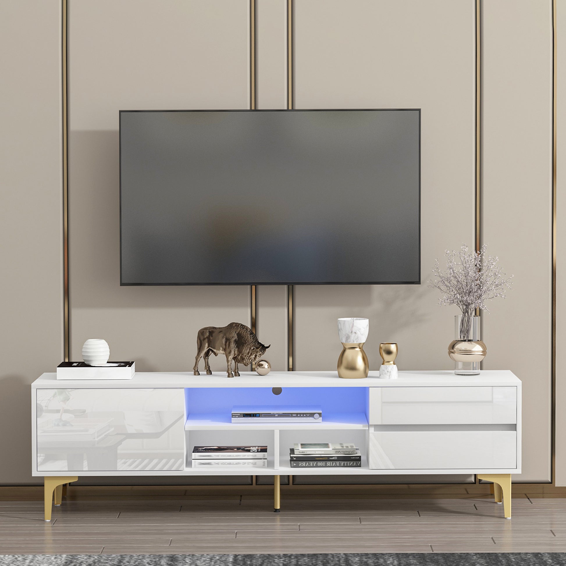 Tv Stand,Tv Cabinet,Entertainment Center,Tv Console,Media Console,With Led Remote Control Lights,Uv Bloom Drawer Panel,Gold Metal Table Legs, Can Be Placed In The Living Room, Bedroom, Color: White White White Primary Living Space 60 69 Inches 60 69