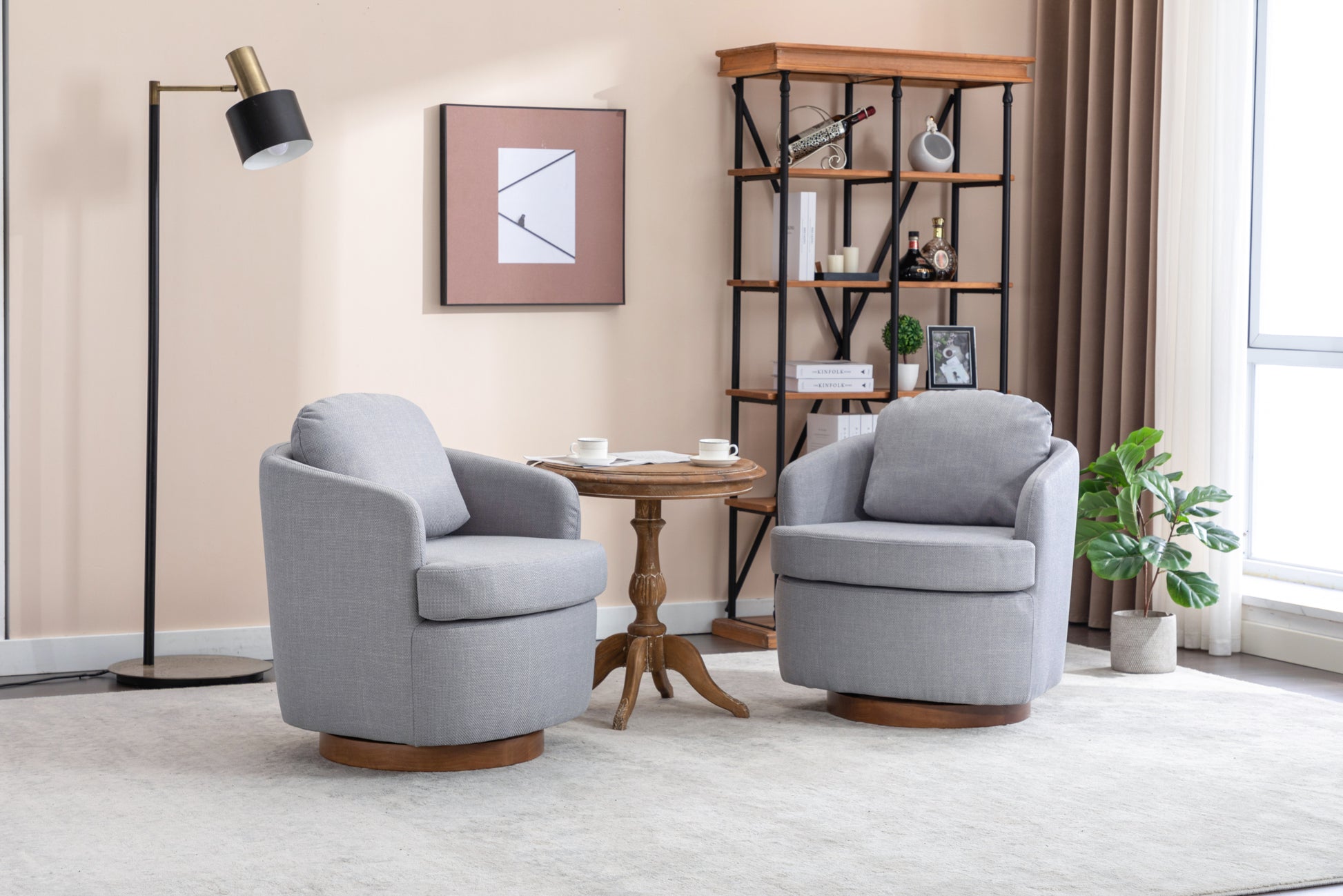035 Linen Fabric Swivel Accent Chair With Soild Wood Round Brown Base Leg,Light Blue Light Blue Brown Primary Living Space Modern Eucalyptus Foam Linen