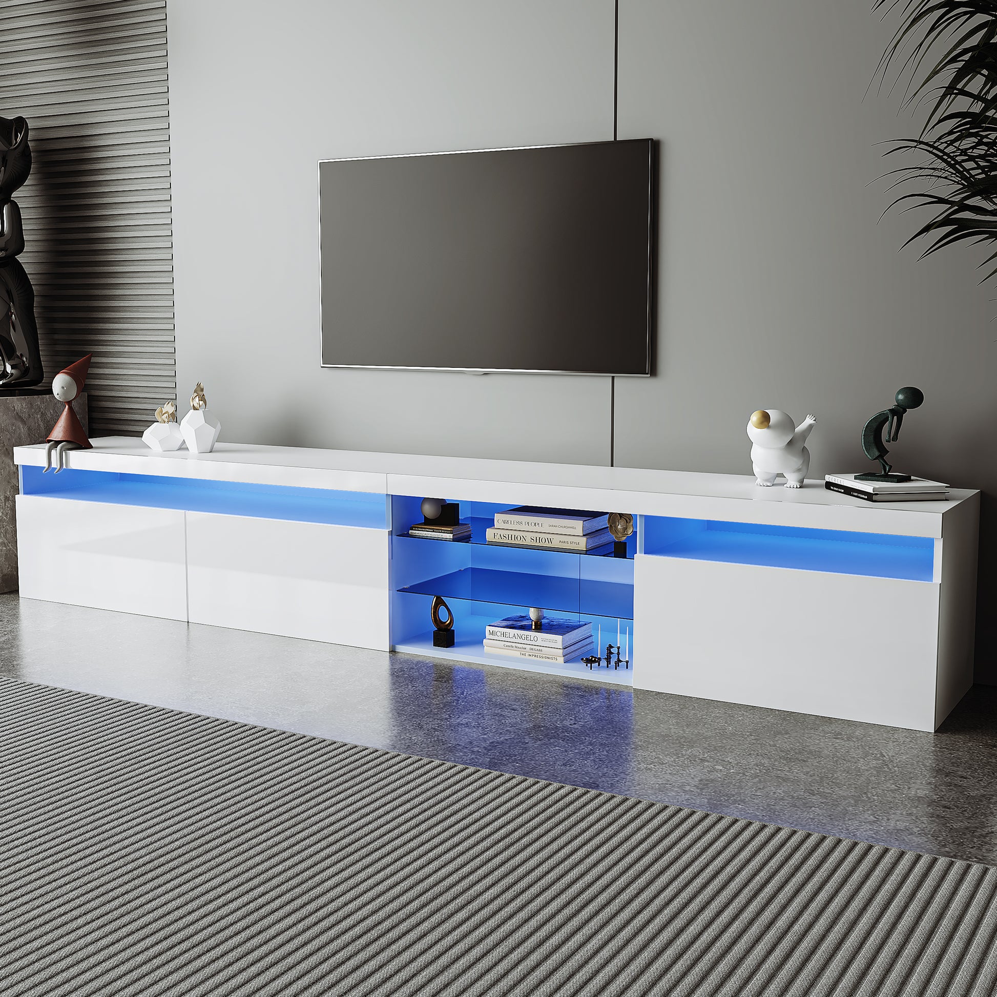 Unique Design Tv Stand With 2 Glass Shelves, Large Storage Space Media Console For Tvs Up To 105", Versatile Tv Cabinet With Led Color Changing Lights For Living Room, White White Primary Living Space 90 Inches Or Larger Particle Board