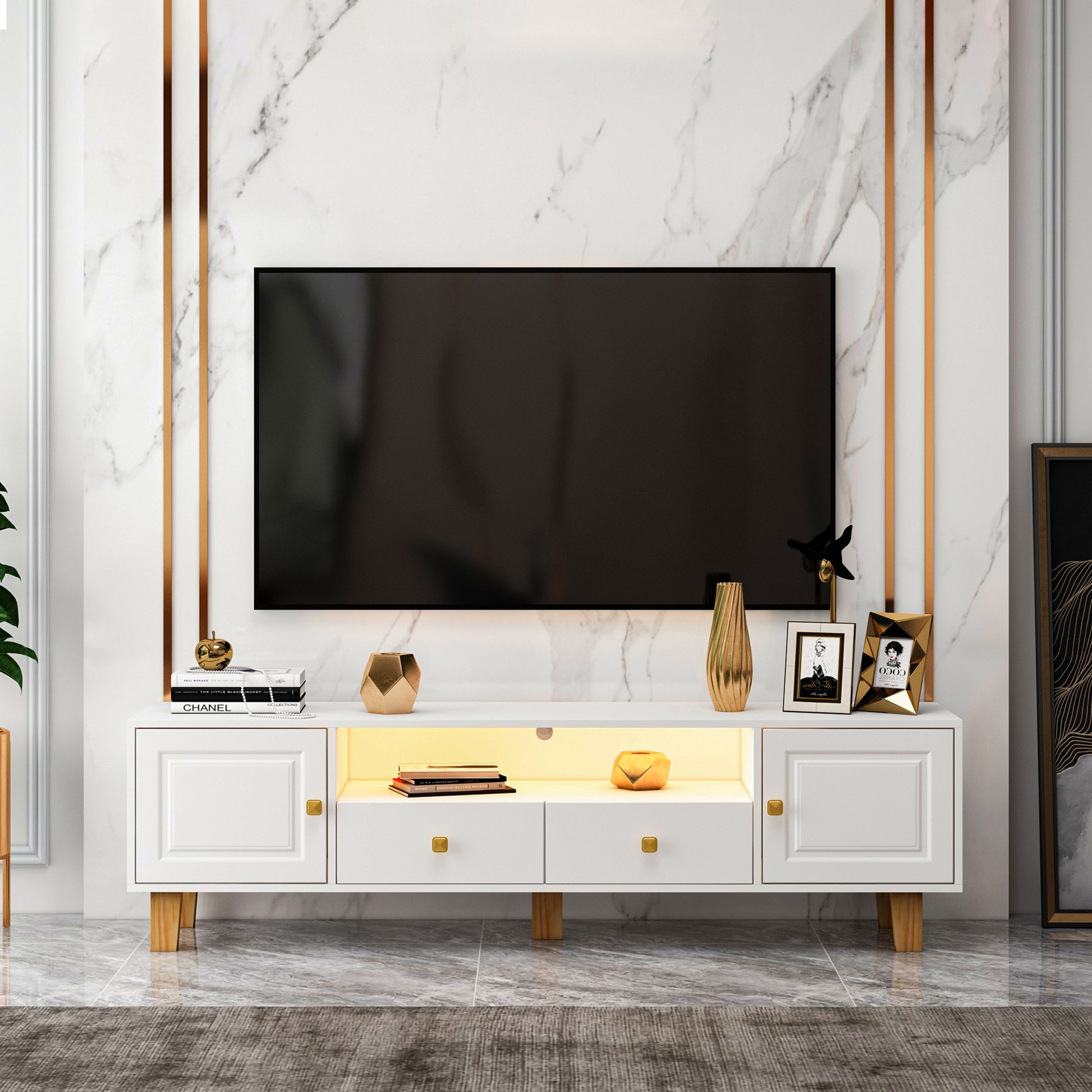 Tv Stand,Tv Cabinet,Entertainment Center,Tv Console,Media Console,Plastic Door Panel,With Led Remote Control Light,Metal Handle,Solid Wooden Leg,Can Be Placed In The Living Room,Color:White White White Primary Living Space 60 69 Inches 60 69 Inches