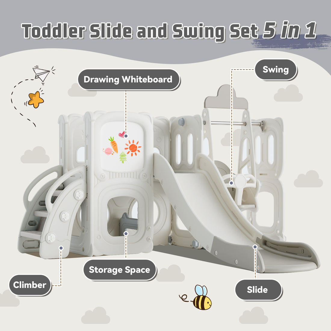 5 In 1 Toddler Slide And Swing Set, Kids Playground Climber Slide Playset With Drawing Whiteboard, Freestanding Combination For Babies Grey 50 99 Lbs Hdpe