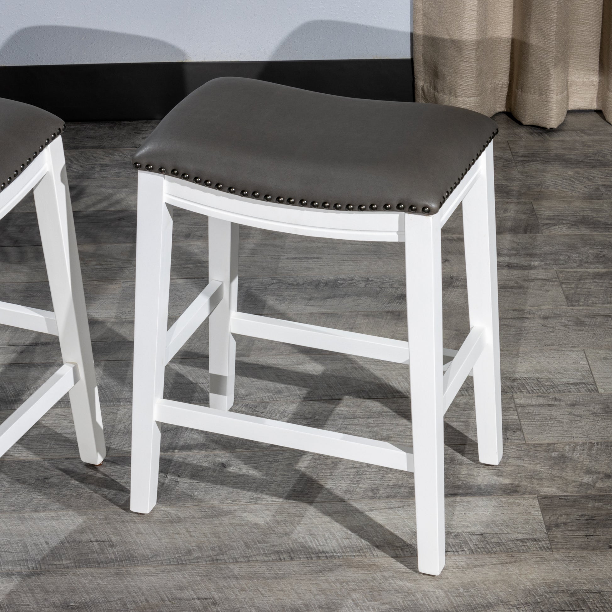 Saddle Stool, 29" Barstool, White Dark Gray Pu, Set Of 2 White Wood