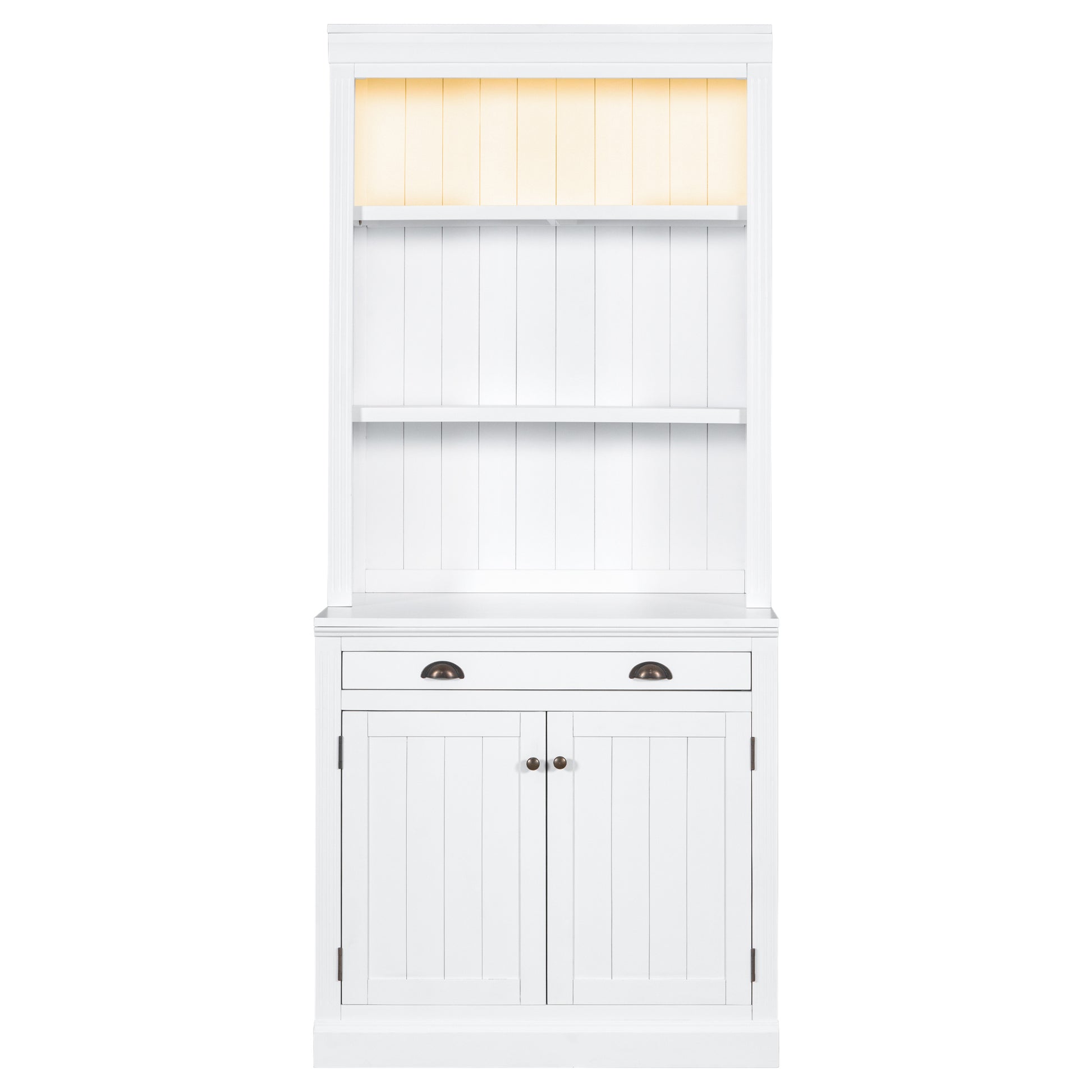 83.4"Tall Bookshelf Suite, Modern Bookcase Suite With Led Lighting,Doors And Drawers,2 Piece Set Storage Bookcase With Open Shelves For Living Room,Home Office,White White Solid Wood Mdf