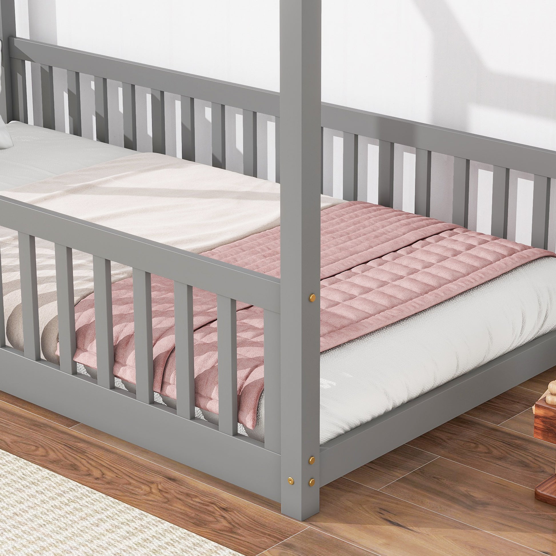 Twin House Bed With Guardrails, Slats ,Grey Twin Grey Wood Bedroom American Design Pine Bed Frame Pine