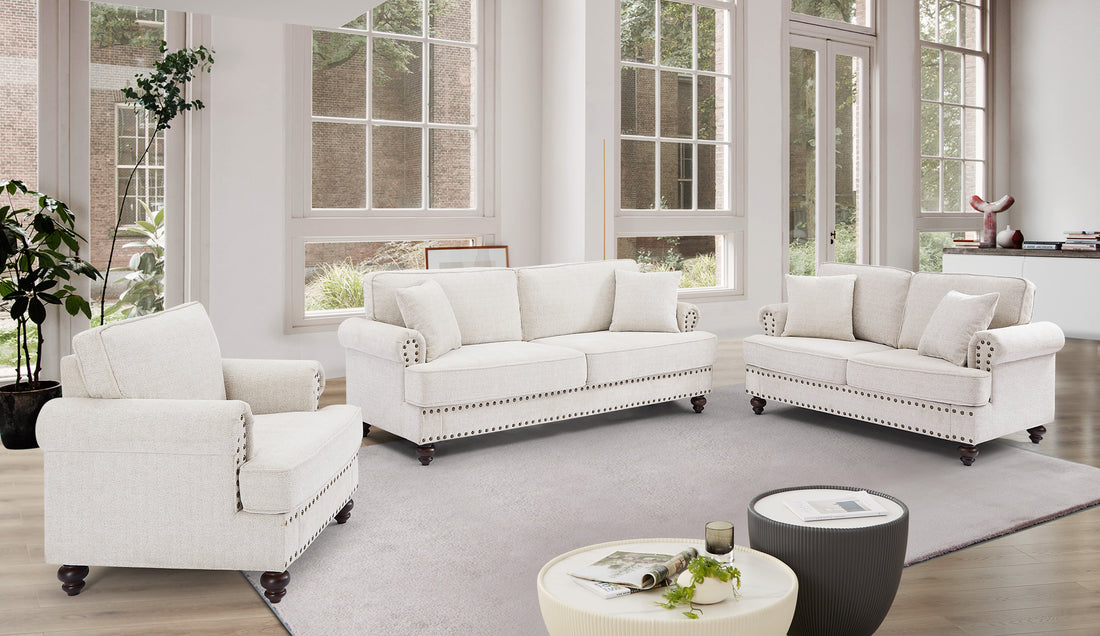 Living Room Furniture, Modern 3 Piece Including Three Seater, Loveseat And Single Chair,Chenille Modern Upholstered Sofa Set, White White Brown Chenille Wood Primary Living Space Medium Soft Cushion Back American Design Birch Armless Polyester Chenille 3