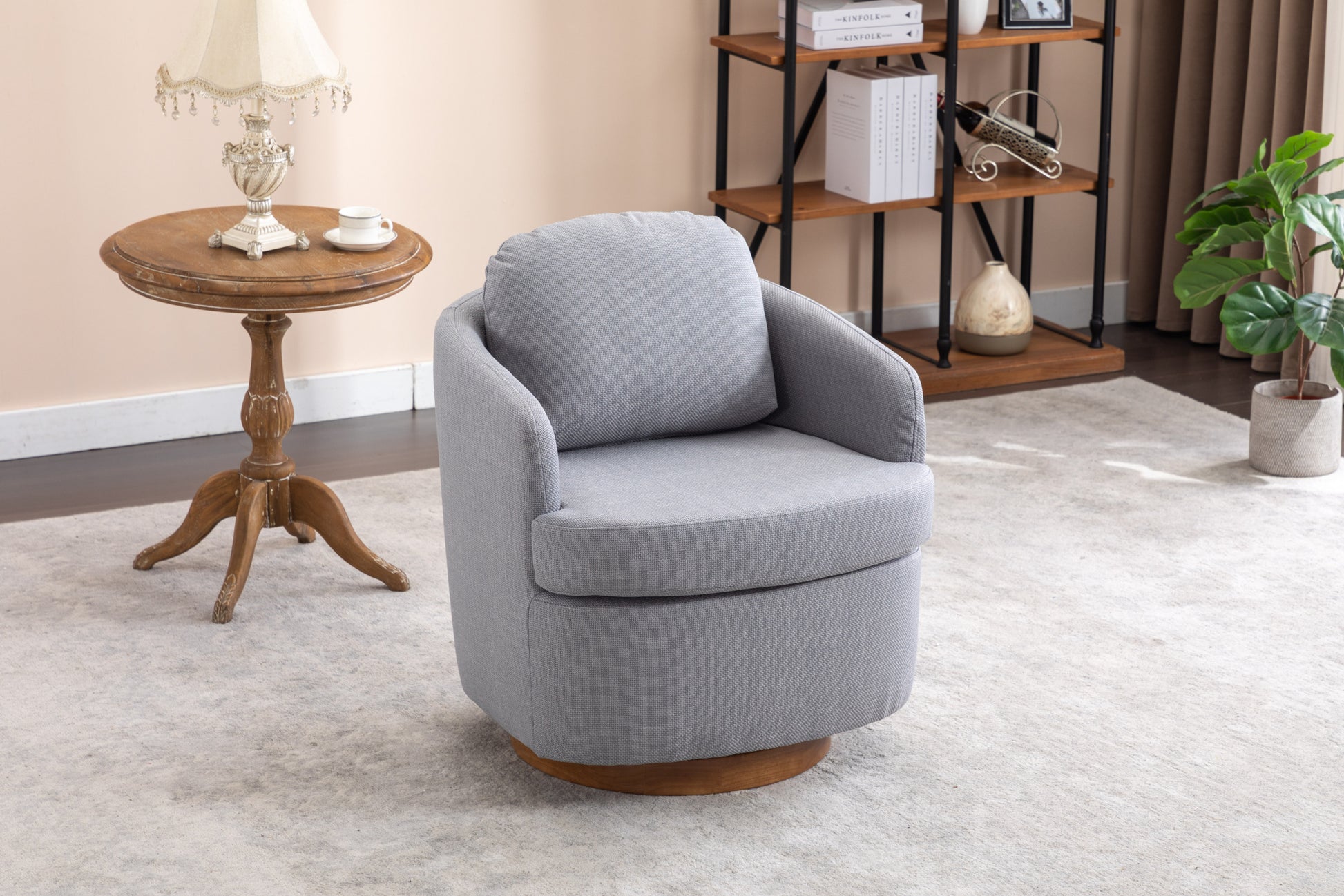 035 Linen Fabric Swivel Accent Chair With Soild Wood Round Brown Base Leg,Light Blue Light Blue Brown Primary Living Space Modern Eucalyptus Foam Linen