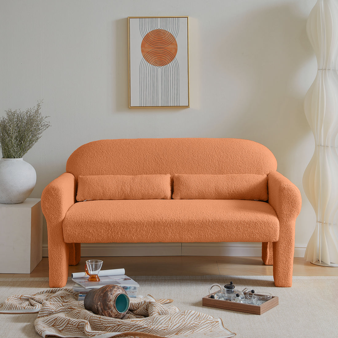 Modern Boucle Seat For Living Room Orange Foam 2 Seat