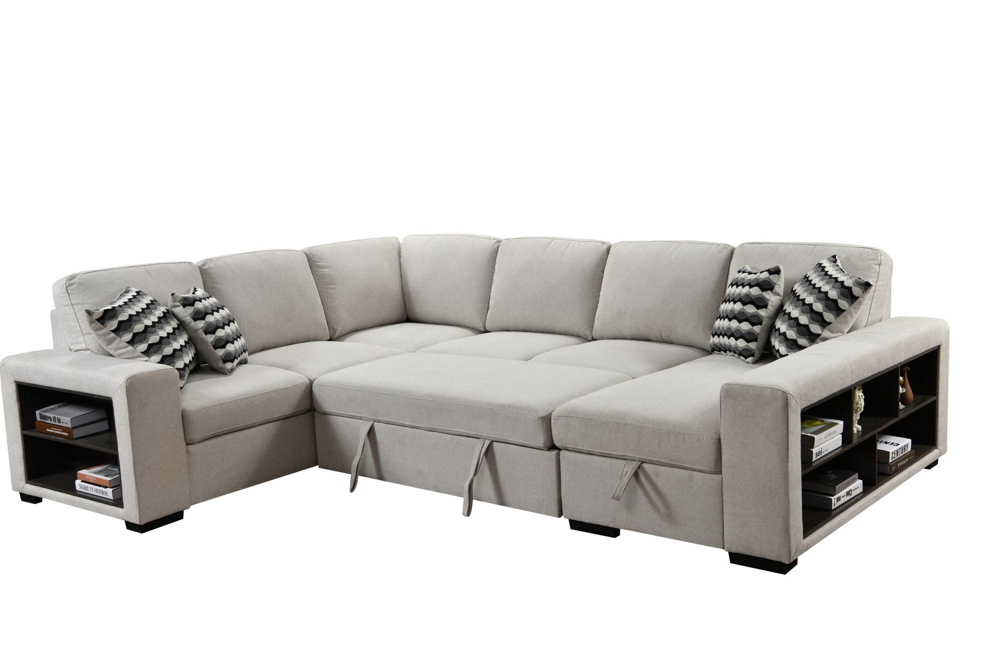 125'' Modern U Shaped 7 Seat Sectional Sofa Couch With Cabinet,Sofa Bed With Storage Chaise Pull Out Couch Bed For Living Room,Beige Light Brown Wood Primary Living Space Heavy Duty Eucalyptus 7 Seat Beige Polyester Soft Pillow Back Modern Square Arms