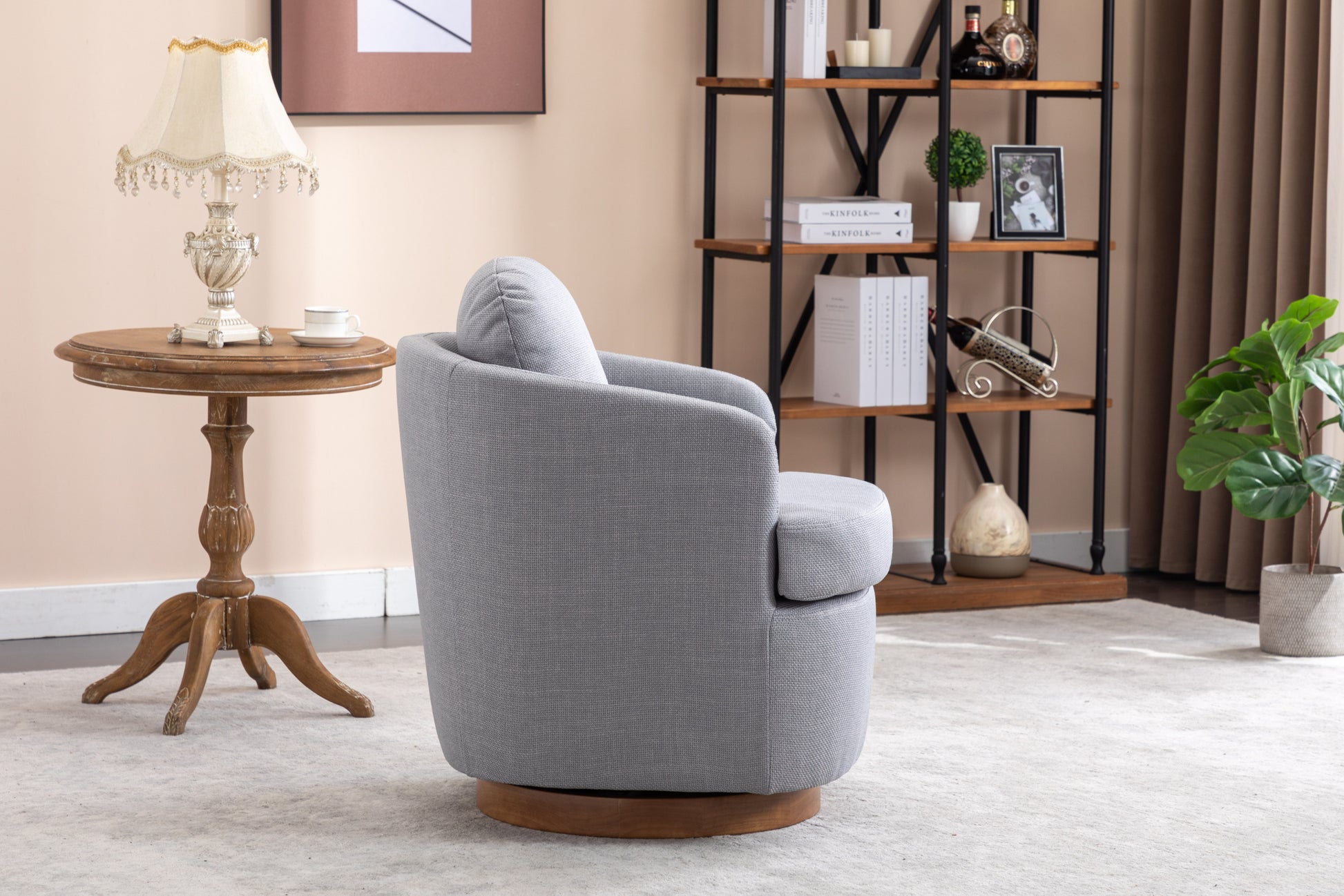 035 Linen Fabric Swivel Accent Chair With Soild Wood Round Brown Base Leg,Light Blue Light Blue Brown Primary Living Space Modern Eucalyptus Foam Linen