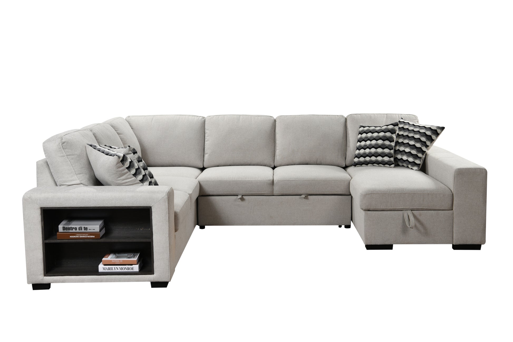 125'' Modern U Shaped 7 Seat Sectional Sofa Couch With Cabinet,Sofa Bed With Storage Chaise Pull Out Couch Bed For Living Room,Beige Light Brown Wood Primary Living Space Heavy Duty Eucalyptus 7 Seat Beige Polyester Soft Pillow Back Modern Square Arms