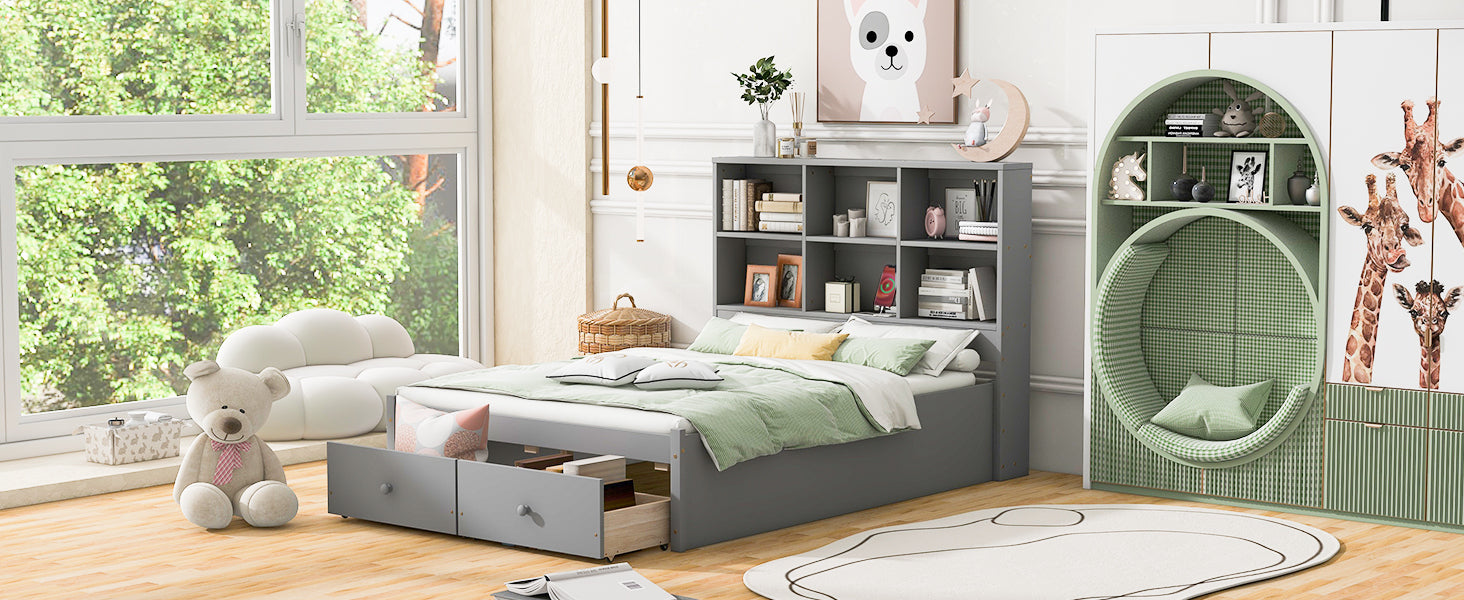 Full Size Platform Bed With Storage Headboard, Charging Station And 2 Drawers, Gray Box Spring Not Required Full Gray Wood Bedroom Bed Frame Solid Wood Mdf