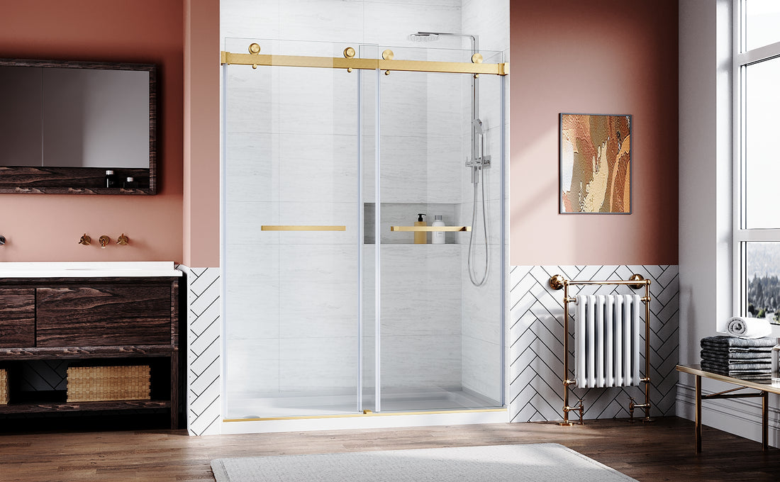 Frameless Sliding Shower Glass Door 56 60 In.W X 76 In. H,3 8" 10Mm Thick Clear Tempered Glass,Heavy Duty Stainless Steel Hardwares,Brushed Gold Brushed Gold Stainless Steel