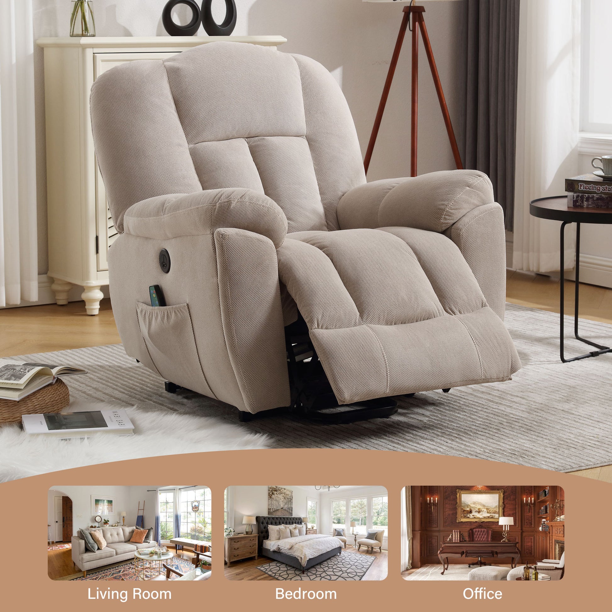 Power Lift Recliner Chair Recliners For Elderly With Heat And Massage Recliner Chair For Living Room With Infinite Position And Side Pocket,Usb Charge Port Beige Beige Soft Heavy Duty Cotton Wood Metal