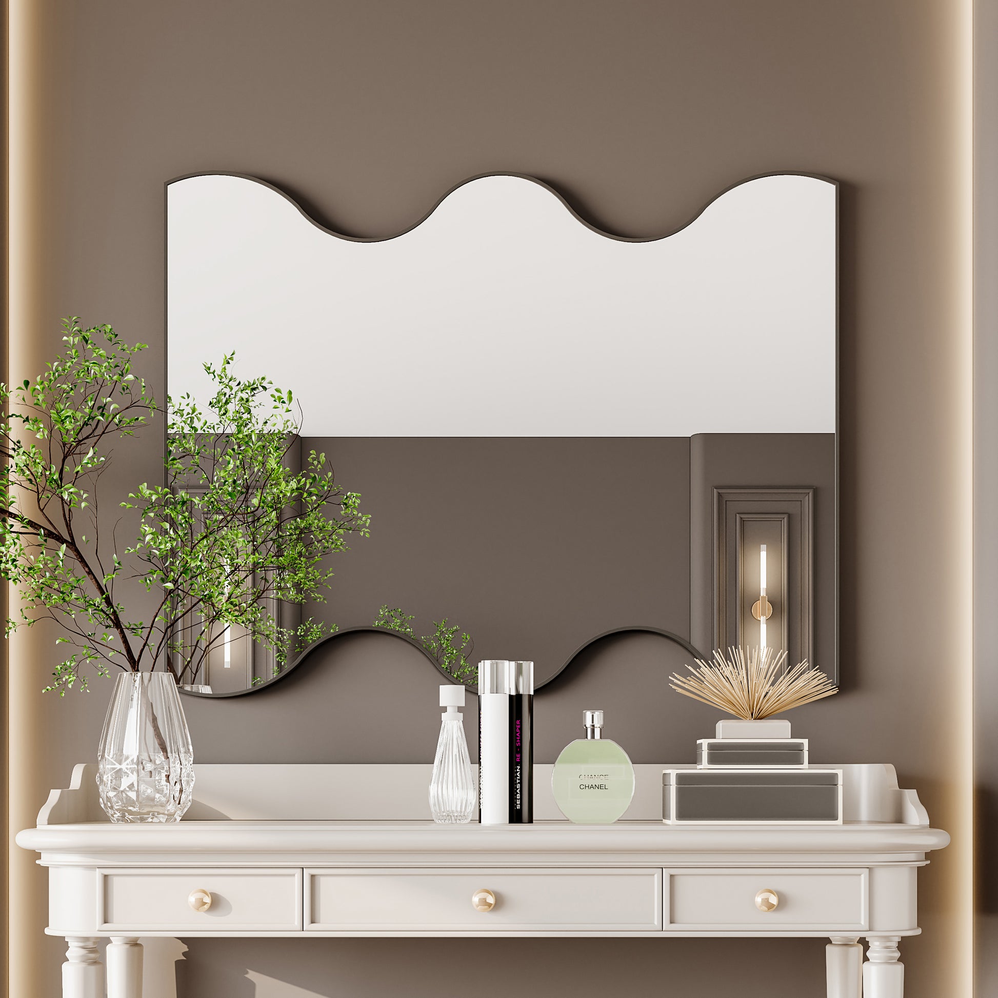 Wall Mirror 30X35 Inch Black Rectangular Mirror With 2 Wavy Sides Metal Framed Mirror Vanity Mirror Dressing Mirror, For Bathroom, Living Room, Bedroom Wall Decor Black Glass