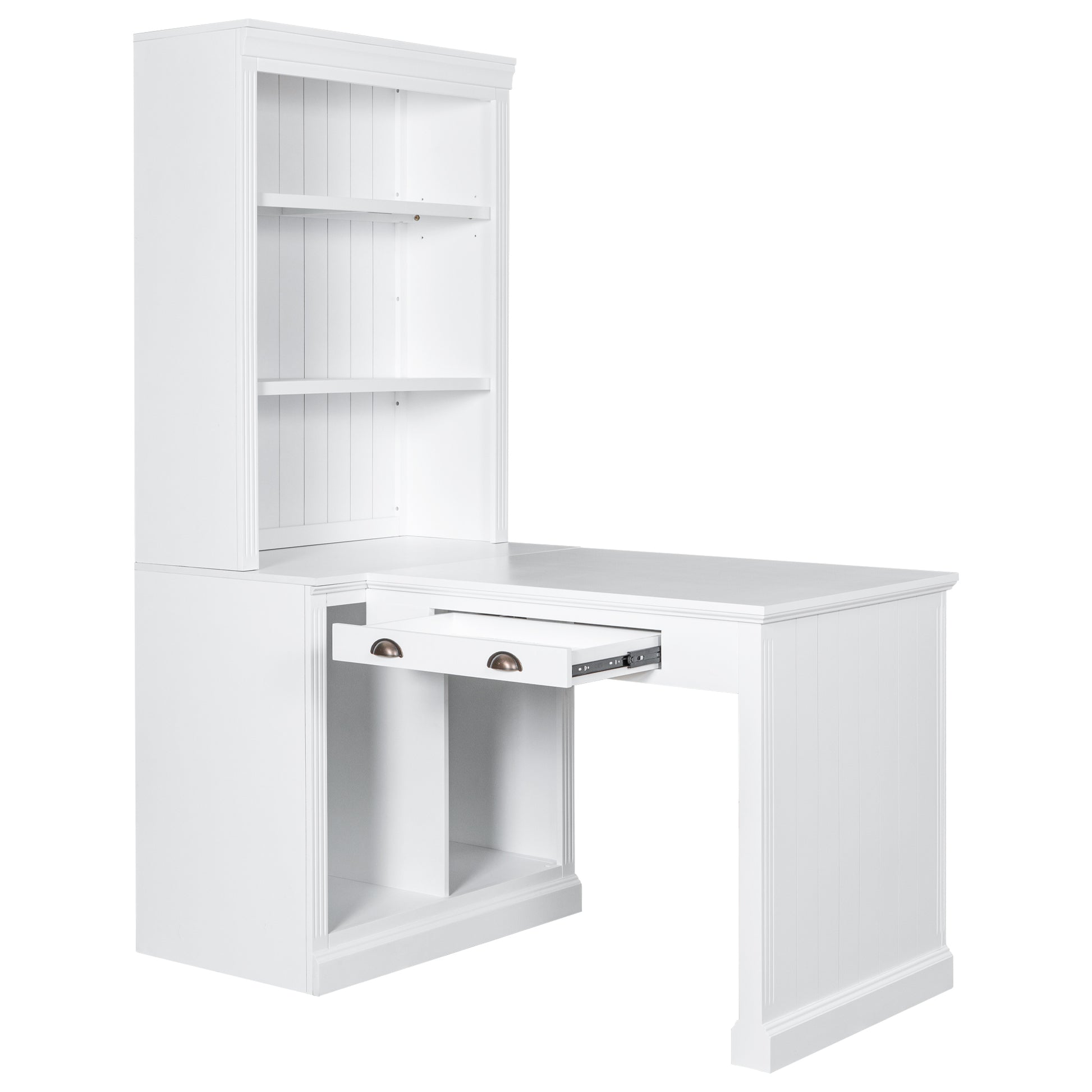 83.4"Tall 2 Bookshelf & 1 Writting Desk Suite,Modern Bookcase Suite With Led Lighting, Drawers,Study Desk And Open Shelves,3 Piece Set Storage Bookshelf For Living Room,Home Office,Study Room,White White Solid Wood Mdf