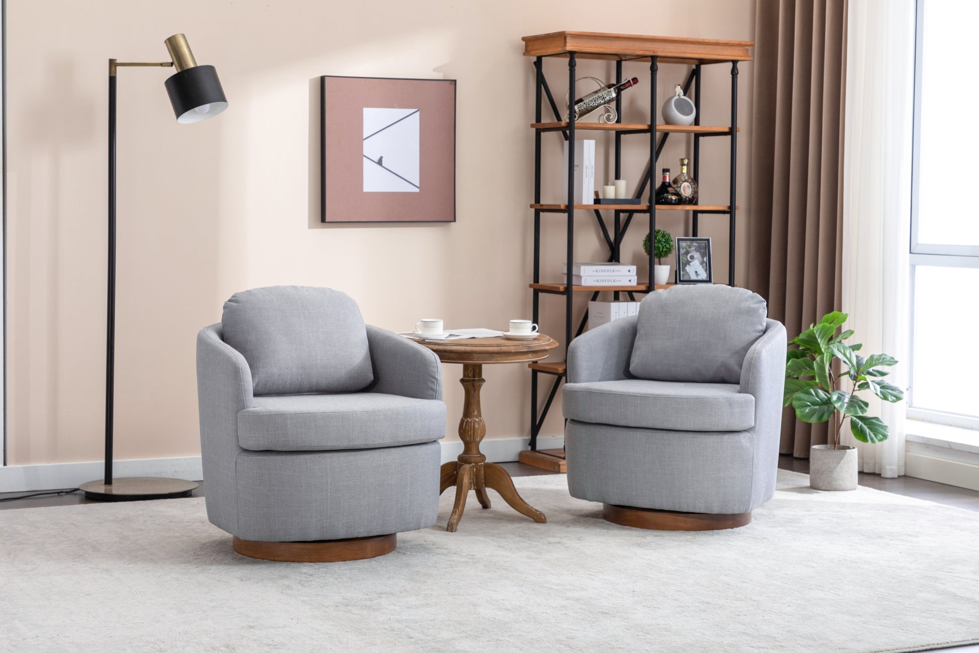 035 Linen Fabric Swivel Accent Chair With Soild Wood Round Brown Base Leg,Light Blue Light Blue Brown Primary Living Space Modern Eucalyptus Foam Linen