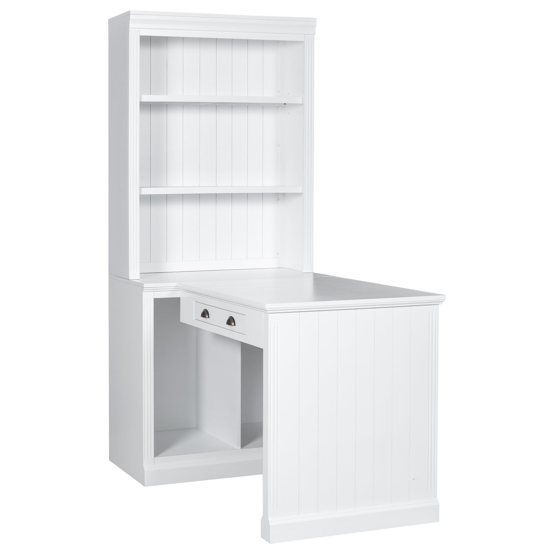 83.4"Tall 2 Bookshelf & 1 Writting Desk Suite,Modern Bookcase Suite With Led Lighting, Drawers,Doors,Study Desk And Open Shelves,3 Piece Set Storage Bookshelf For Living Room,Home Office,White White Solid Wood Mdf