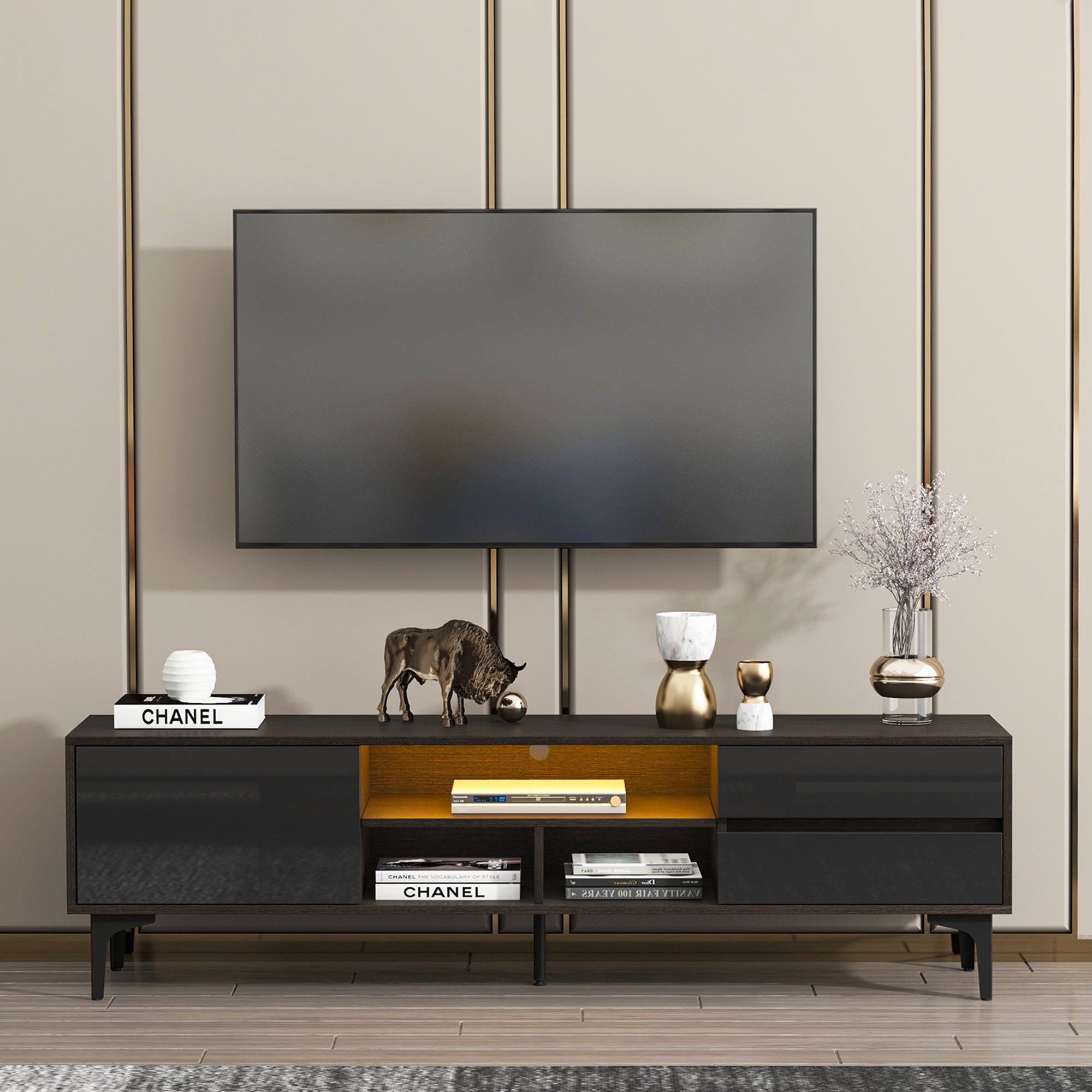 Tv Stand,Tv Cabinet,Entertainment Center,Tv Console,Media Console,With Led Remote Control Lights,Uv Bloom Drawer Panel,Ferrous Legs,Can Be Placed In The Living Room, Bedroom, Color: Dark Brown Black Black Brown Brown Primary Living Space 60 69 Inches 60