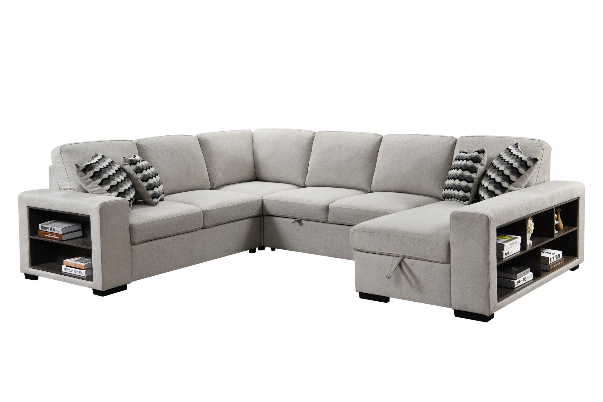 125'' Modern U Shaped 7 Seat Sectional Sofa Couch With Cabinet,Sofa Bed With Storage Chaise Pull Out Couch Bed For Living Room,Beige Light Brown Wood Primary Living Space Heavy Duty Eucalyptus 7 Seat Beige Polyester Soft Pillow Back Modern Square Arms