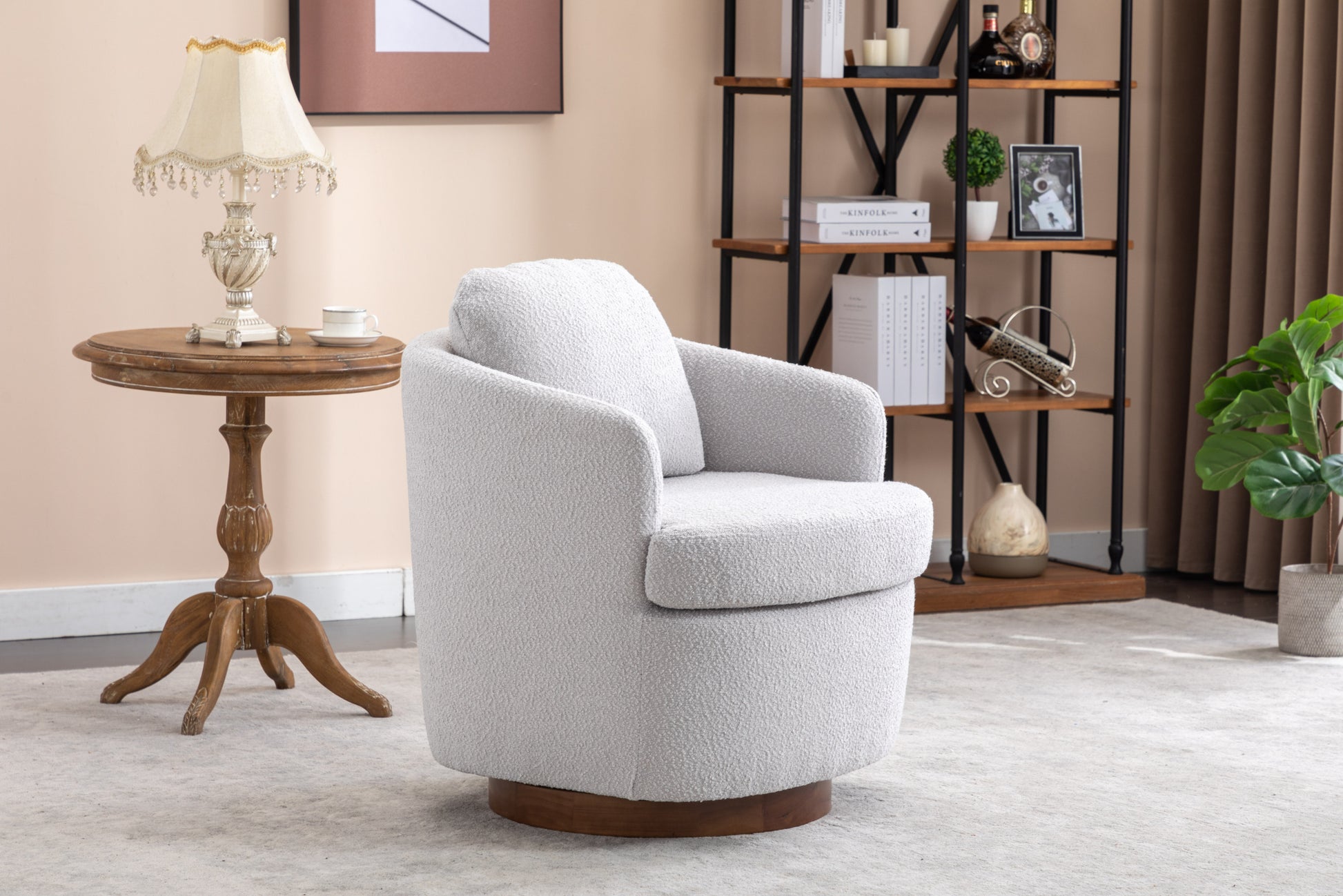 035 Boucle Fabric Swivel Accent Chair With Soild Wood Round Brown Base Leg,Light Gray Light Gray Brown Primary Living Space Modern Eucalyptus Foam Boucle