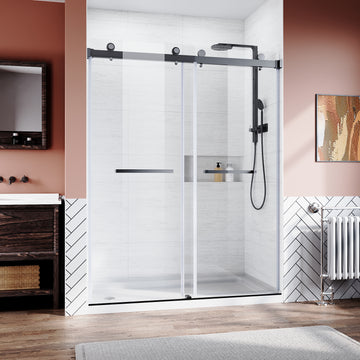 Frameless Sliding Shower Glass Door 56 60 In.W X 76 In. H,3 8" 10Mm Thick Clear Tempered Glass,Heavy Duty Stainless Steel Hardwares,Matte Black,Bypass Shower Enclosure Matt Black Stainless Steel