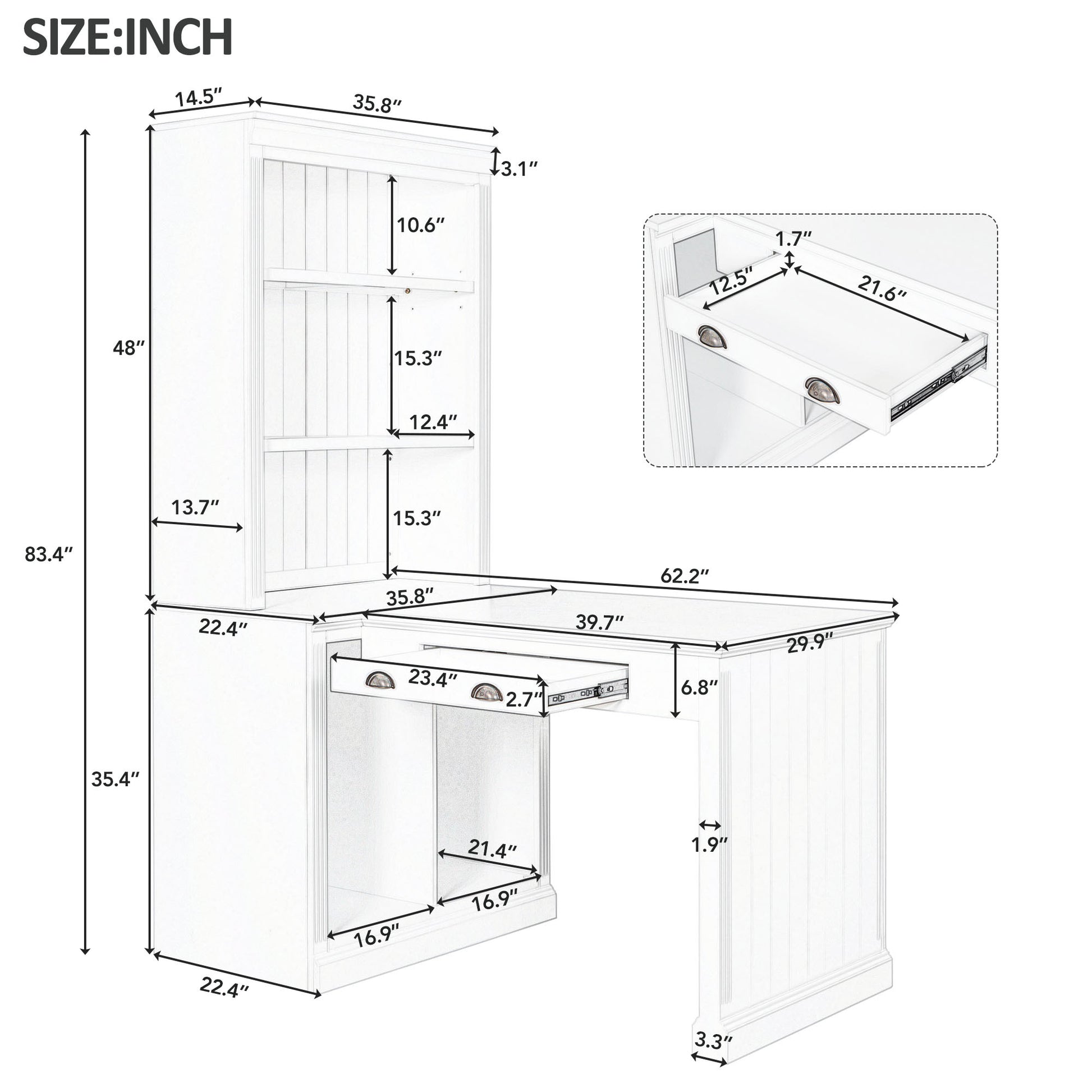 83.4"Tall 2 Bookshelf & 1 Writting Desk Suite,Modern Bookcase Suite With Led Lighting, Drawers,Doors,Study Desk And Open Shelves,3 Piece Set Storage Bookshelf For Living Room,Home Office,White White Solid Wood Mdf