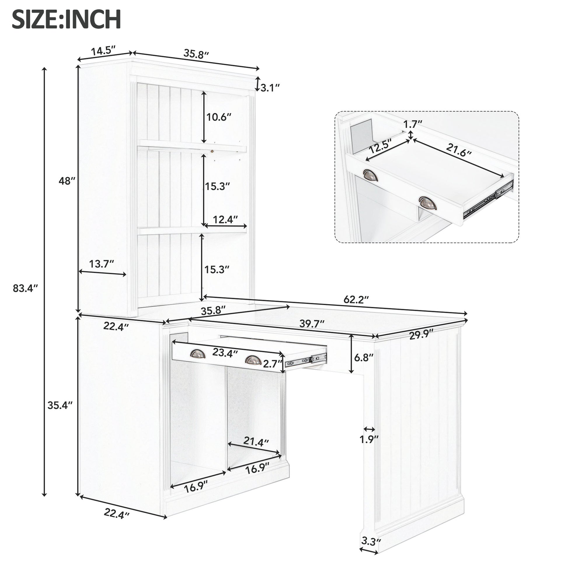 83.4"Tall Bookshelf &Writting Desk Suite,Modern Bookcase Suite With Led Lighting, Drawers,Study Desk And Open Shelves,2 Piece Set Storage Bookshelf For Living Room,Home Office,Study Room,White White Solid Wood Mdf