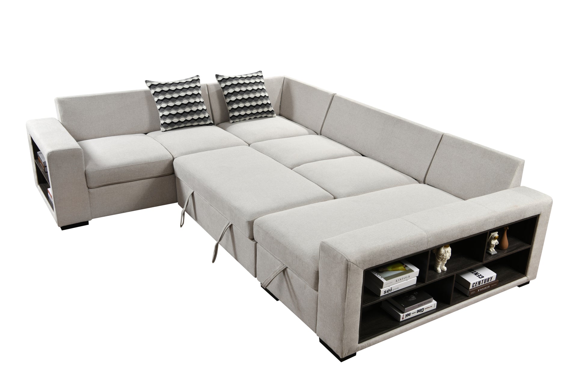125'' Modern U Shaped 7 Seat Sectional Sofa Couch With Cabinet,Sofa Bed With Storage Chaise Pull Out Couch Bed For Living Room,Beige Light Brown Wood Primary Living Space Heavy Duty Eucalyptus 7 Seat Beige Polyester Soft Pillow Back Modern Square Arms