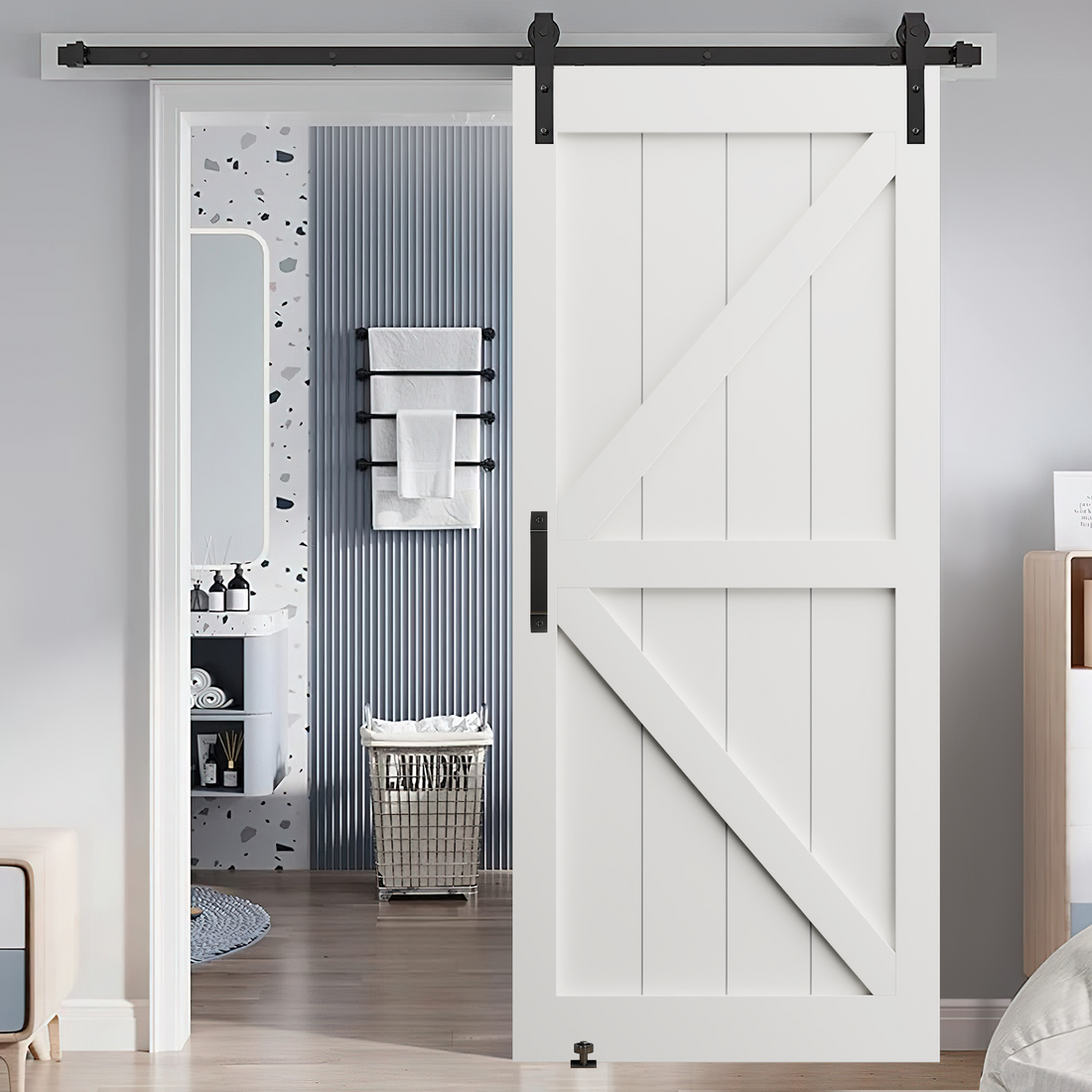 32" X 84" "K" Style Real Primed Door Slab 6.6Ft Barn Door Sliding Hardware Adjustable Floor Guider Pull Handle, Diy Unfinished Paneled Door, Modern Interior Barn Door, Moisture Proof White Mdf