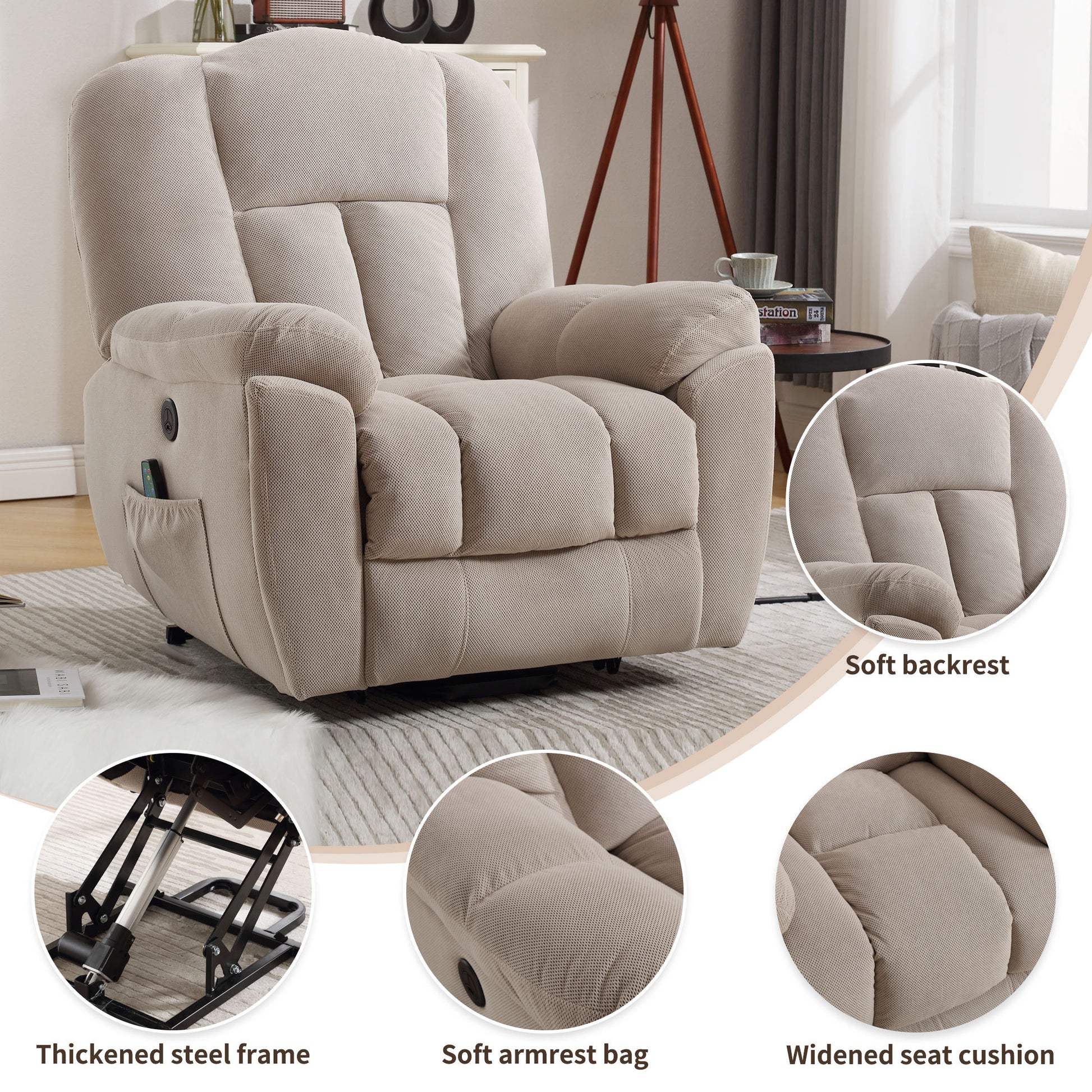 Power Lift Recliner Chair Recliners For Elderly With Heat And Massage Recliner Chair For Living Room With Infinite Position And Side Pocket,Usb Charge Port Beige Beige Soft Heavy Duty Cotton Wood Metal